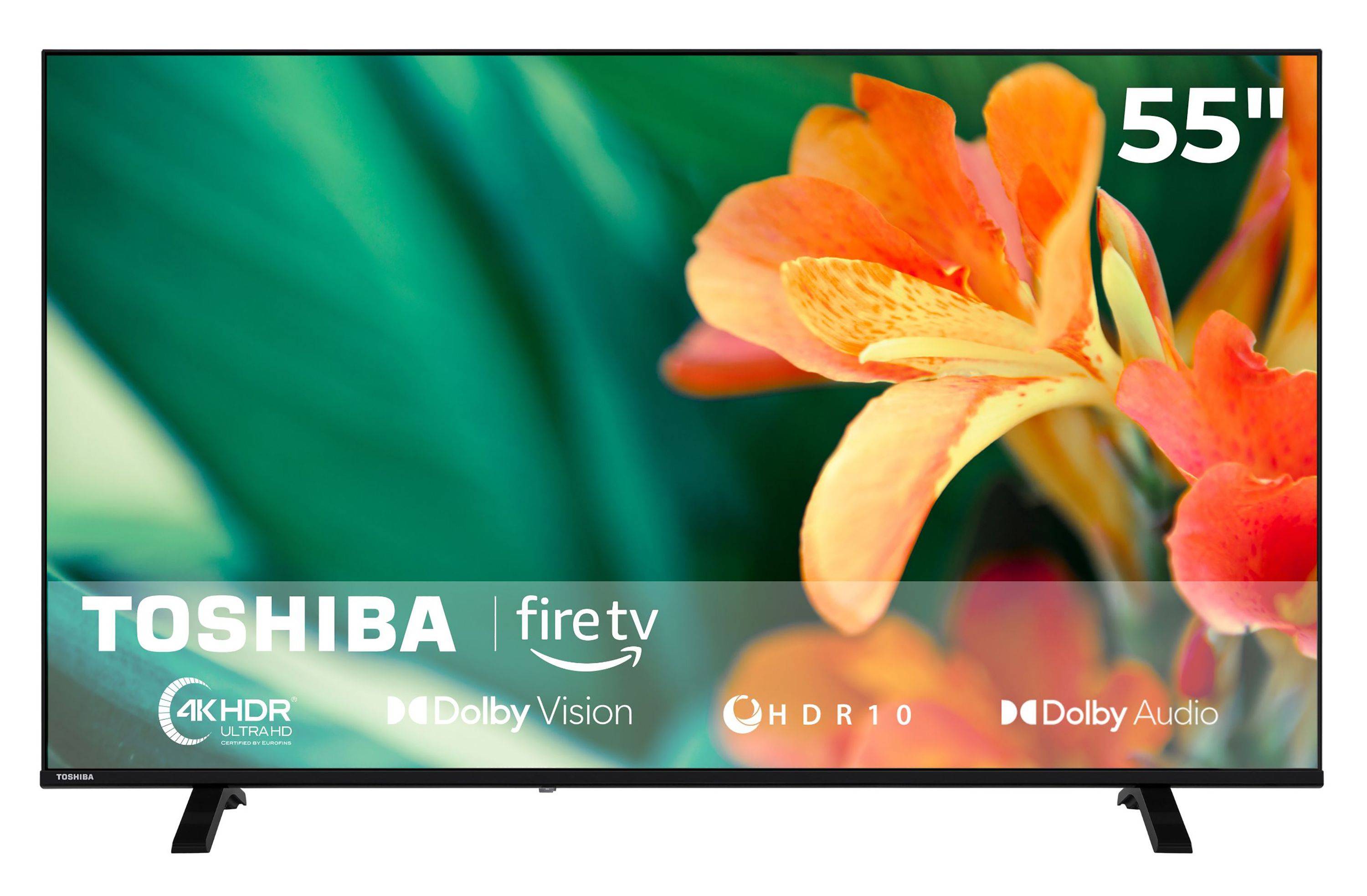 Toshiba 55-Zoll-Fire-TV zeigt ein Nahaufnahmebild einer Blume mit 4K HDR, Dolby Vision, HDR10 und Dolby Audio-Logos, die unten angezeigt werden.