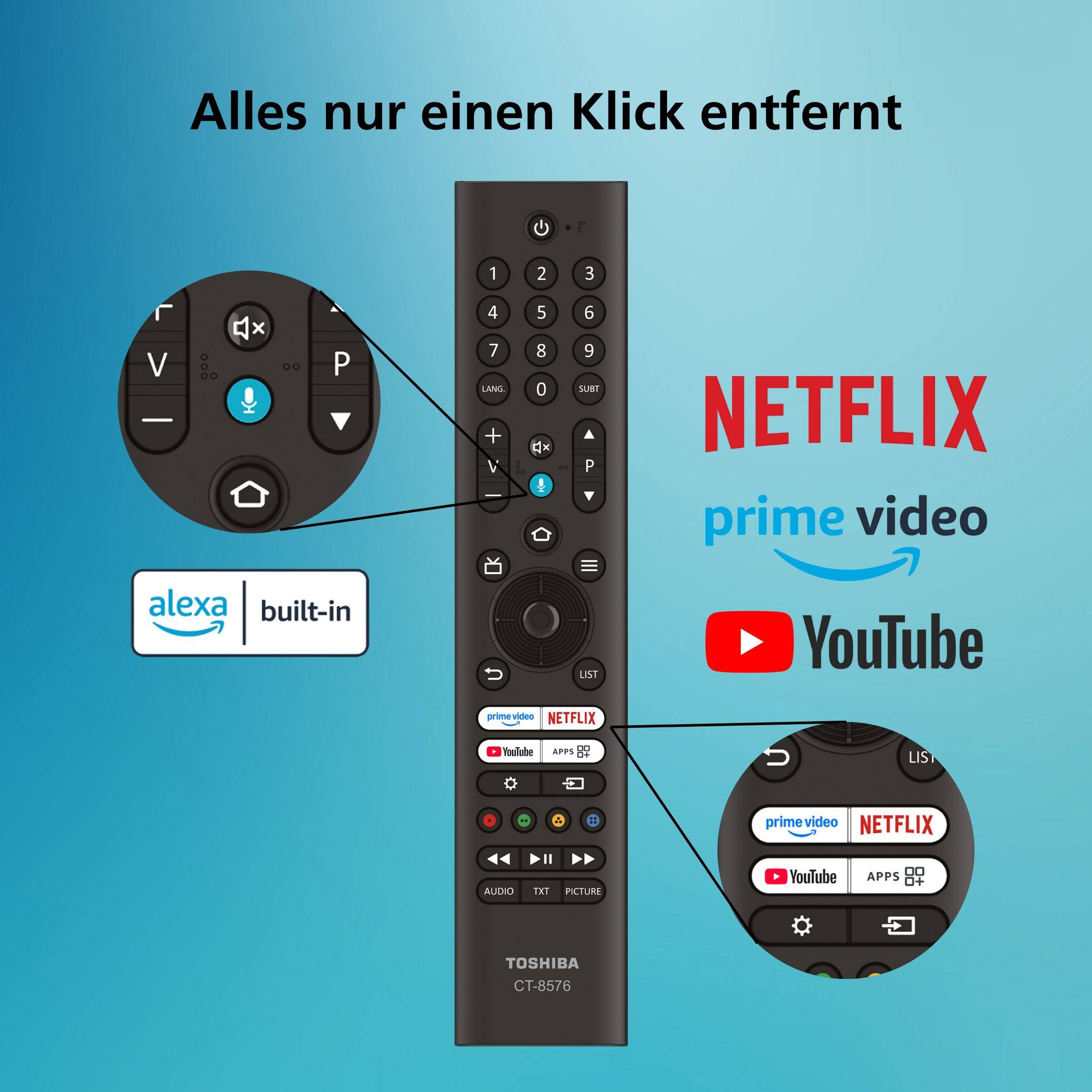 Toshiba TV-Fernbedienung mit vergrößerten Hinweisen, die Alexa integriert, Sprach- und Lautstärkeregelung, Streaming-Schnellzugriffe für Netflix, Prime Video und YouTube zeigen, mit deutschem Text „Alles nur einen Klick entfernt".