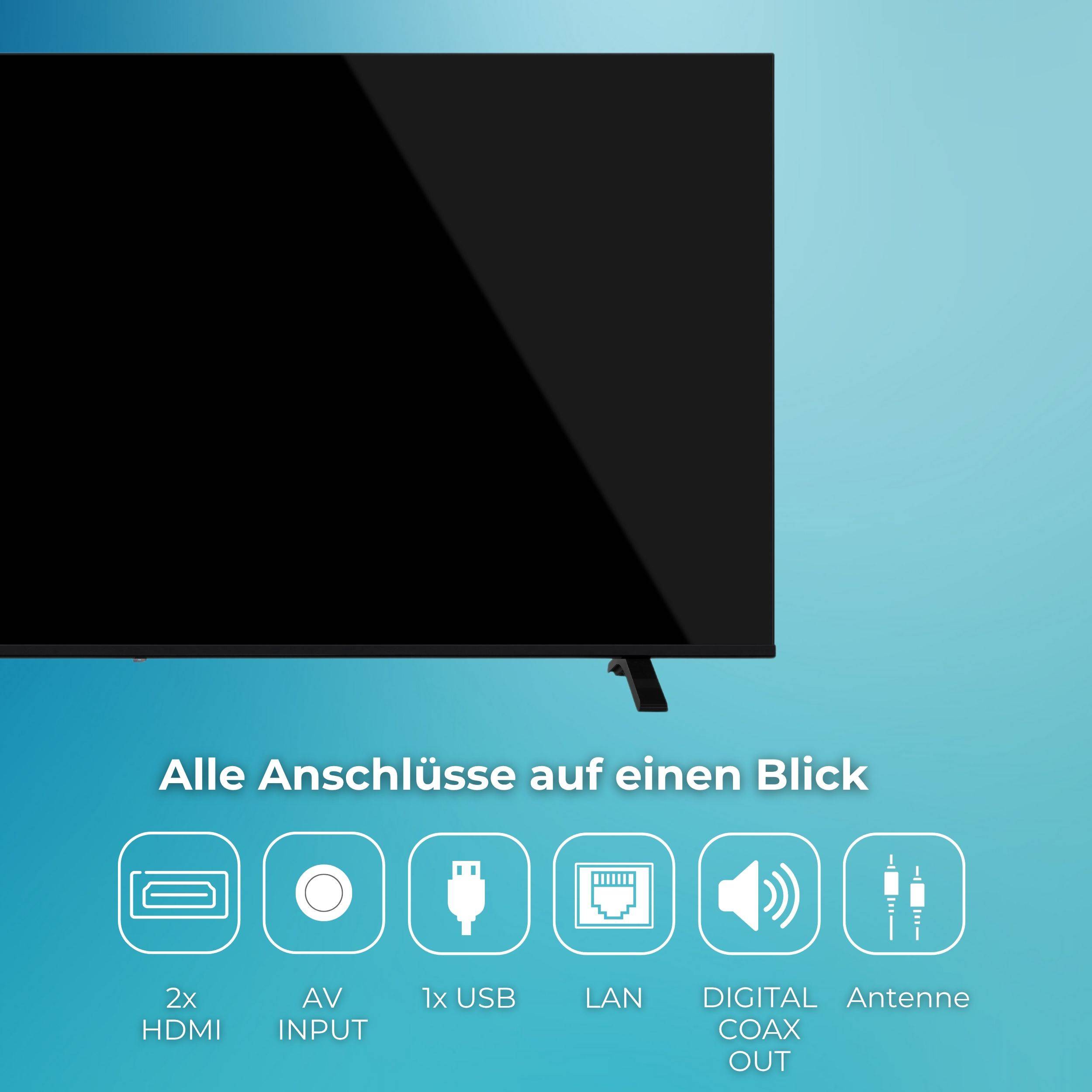 Fernseh-Bildschirm mit Text „Alle Anschlüsse auf einen Blick" und Symbolen, die Verbindungen auflisten: 2x HDMI, AV-Eingang, 1x USB, LAN, digitaler Koax-Ausgang, Antenne.