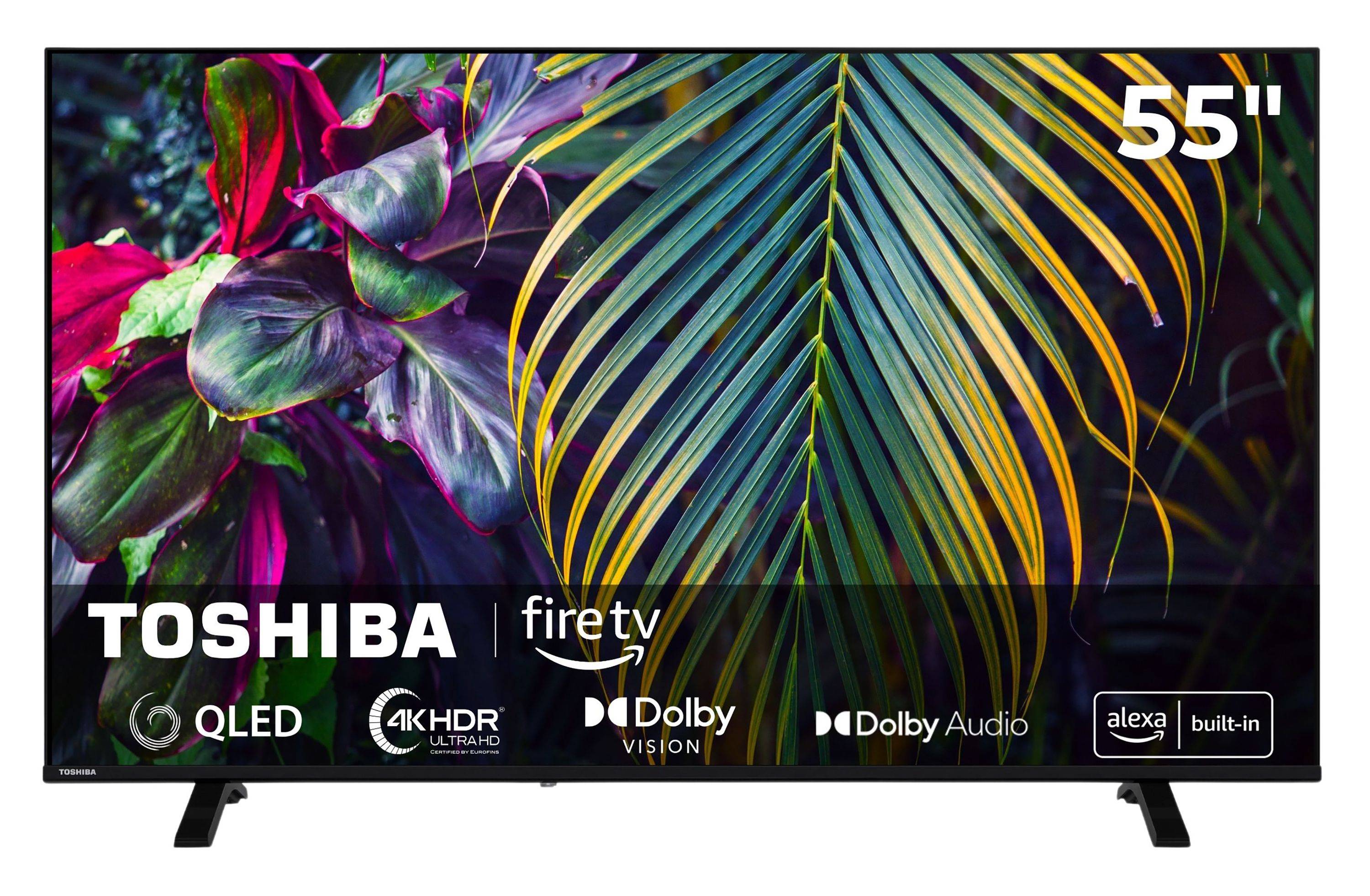 Toshiba 55-Zoll Fire TV QLED-Fernsehbildschirm mit farbenfrohem abstraktem Blattbild und Funktionslogos für 4K HDR, Dolby Vision, Dolby Audio und integriertem Alexa.