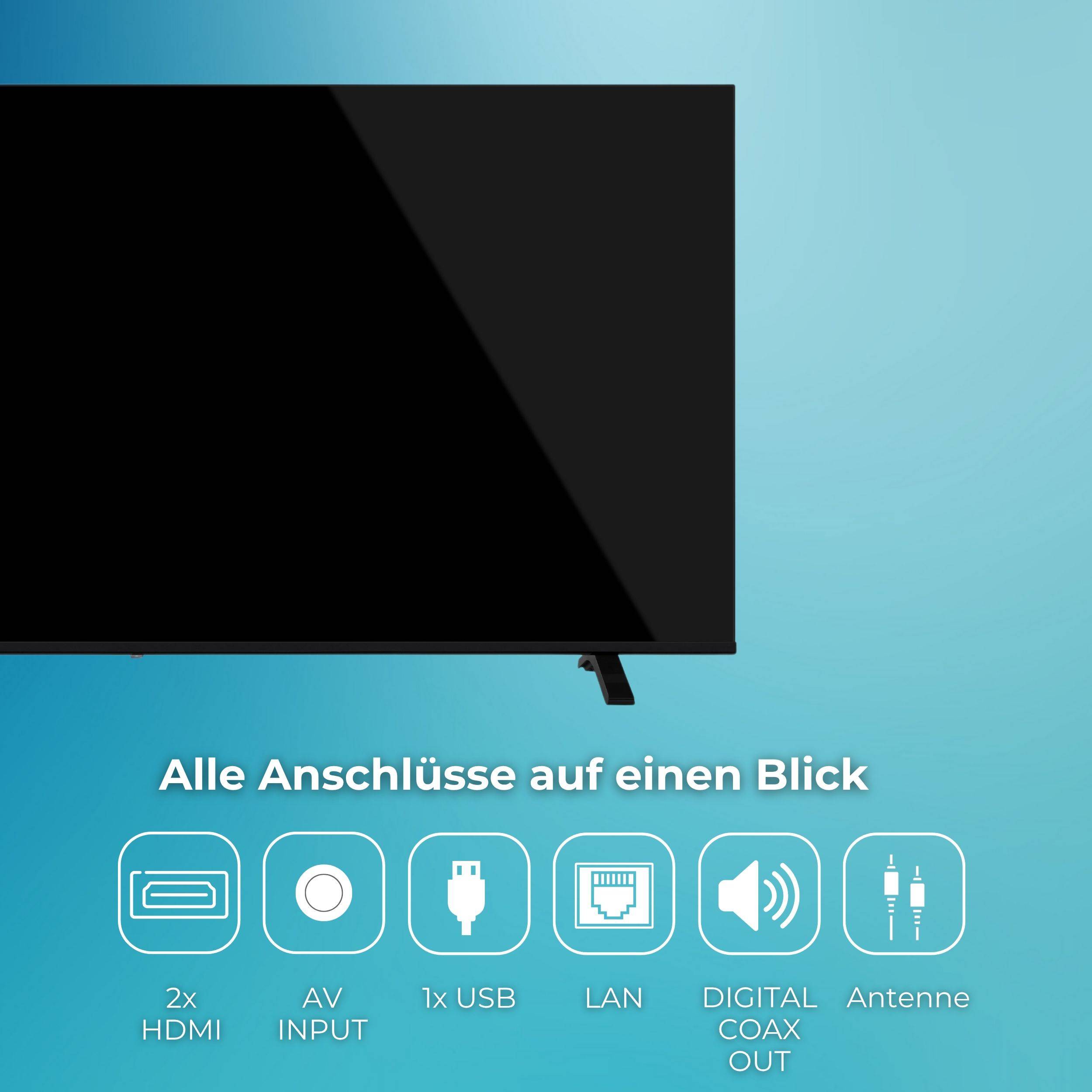 Flachbildfernseher mit dem Text „Alle Anschlüsse auf einen Blick" und Symbolen, die 2x HDMI, AV-Eingang, 1x USB, LAN, digitalen Koaxialausgang und Antenne aufzählen.