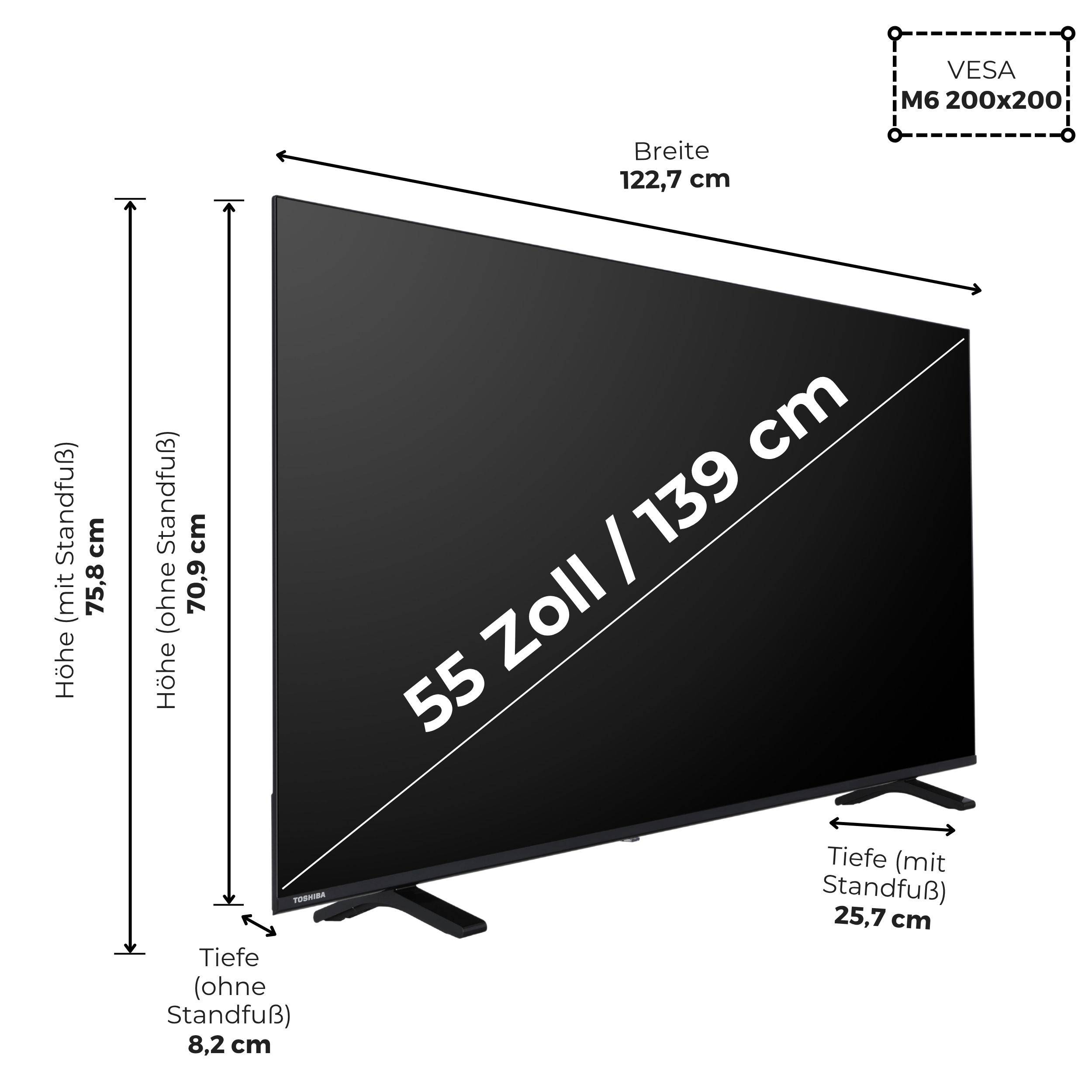 Diagramm eines 55-Zoll-Fernsehers mit Abmessungen: 122,7 cm breit, 70,9 cm hoch ohne Standfuß, 75,8 cm mit Standfuß, 8,2 cm tief ohne Standfuß, 25,7 cm mit Standfuß, VESA M6 200x200.
