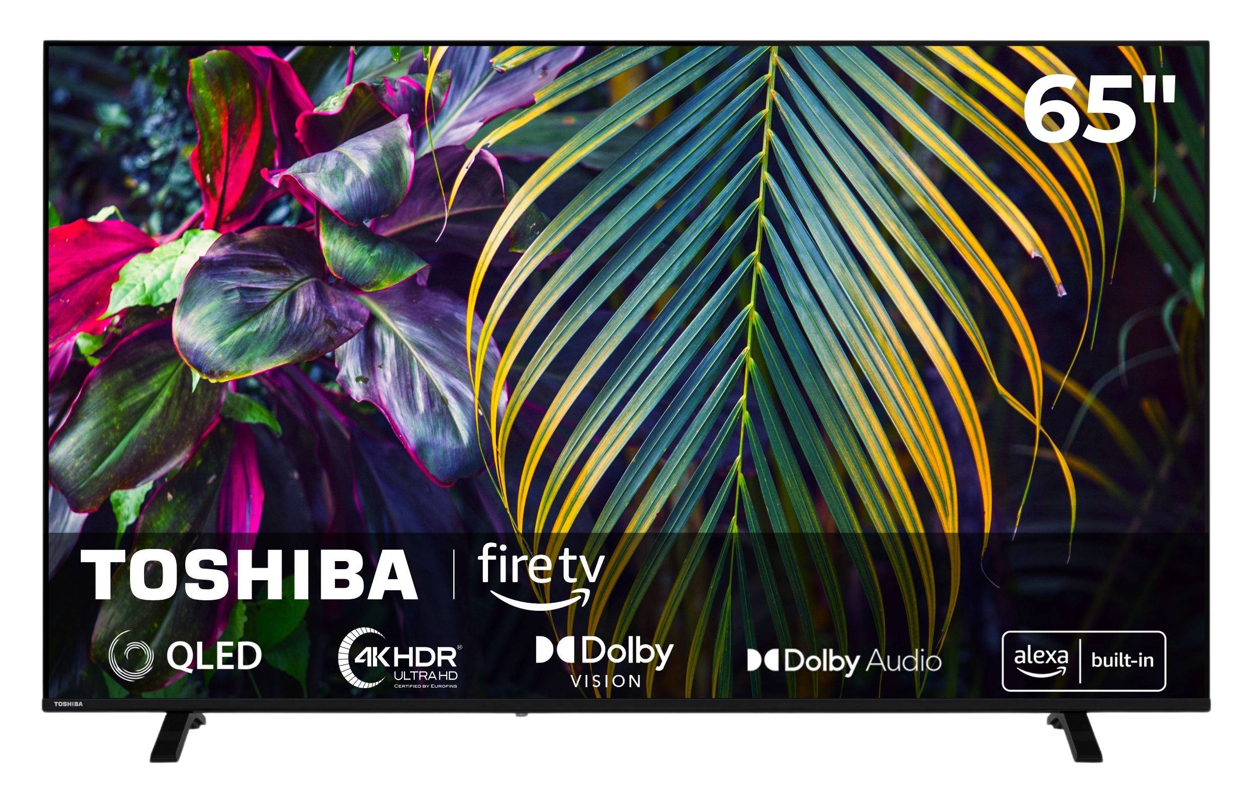 Toshiba 65-Zoll Fire TV QLED-Fernseher mit 4K HDR, Dolby Vision, Dolby Audio und integriertem Alexa, dargestellt mit tropischen Blattmotiven auf dem Bildschirm.