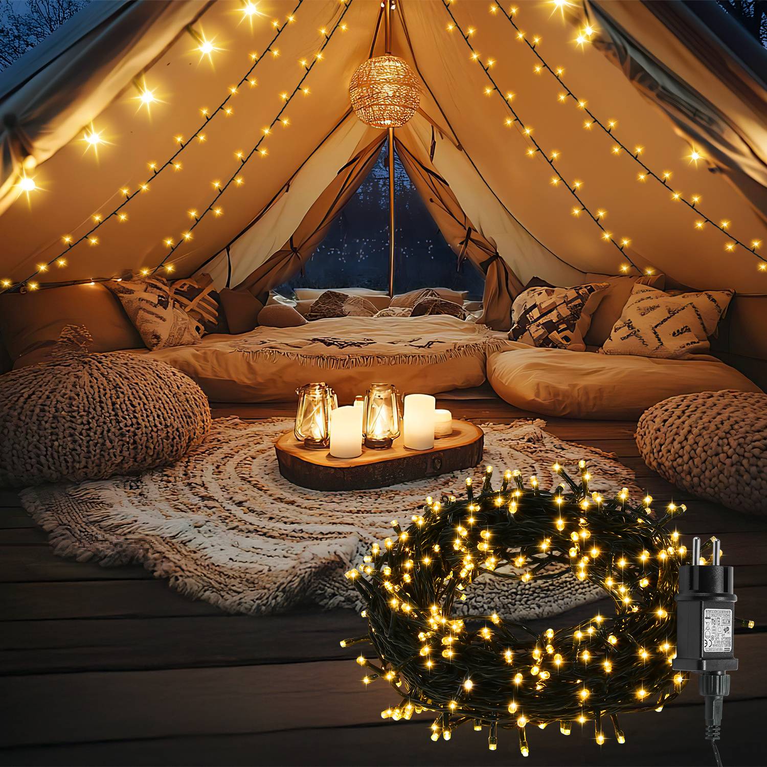 LED Lichterkette 30m 300 LEDs Warmweiß, 8 Lichtmodi, Memory-Funktion, 5 m Zuleitung, schwarzes Kabel, Weihnachten, Party