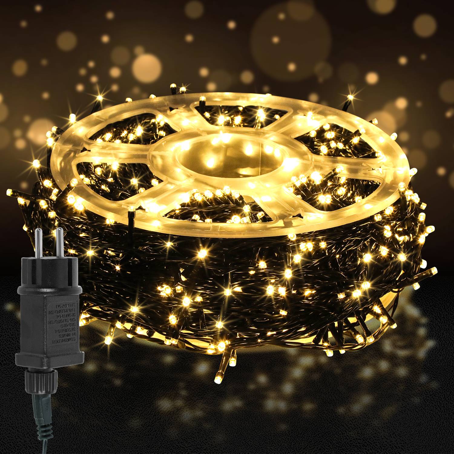 LED Lichterkette 50m 500 LEDs Warmweiß, 8 Lichtmodi, Memory-Funktion, 5 m Zuleitung, dunkelgrünes Kabel, Garten & Balkon