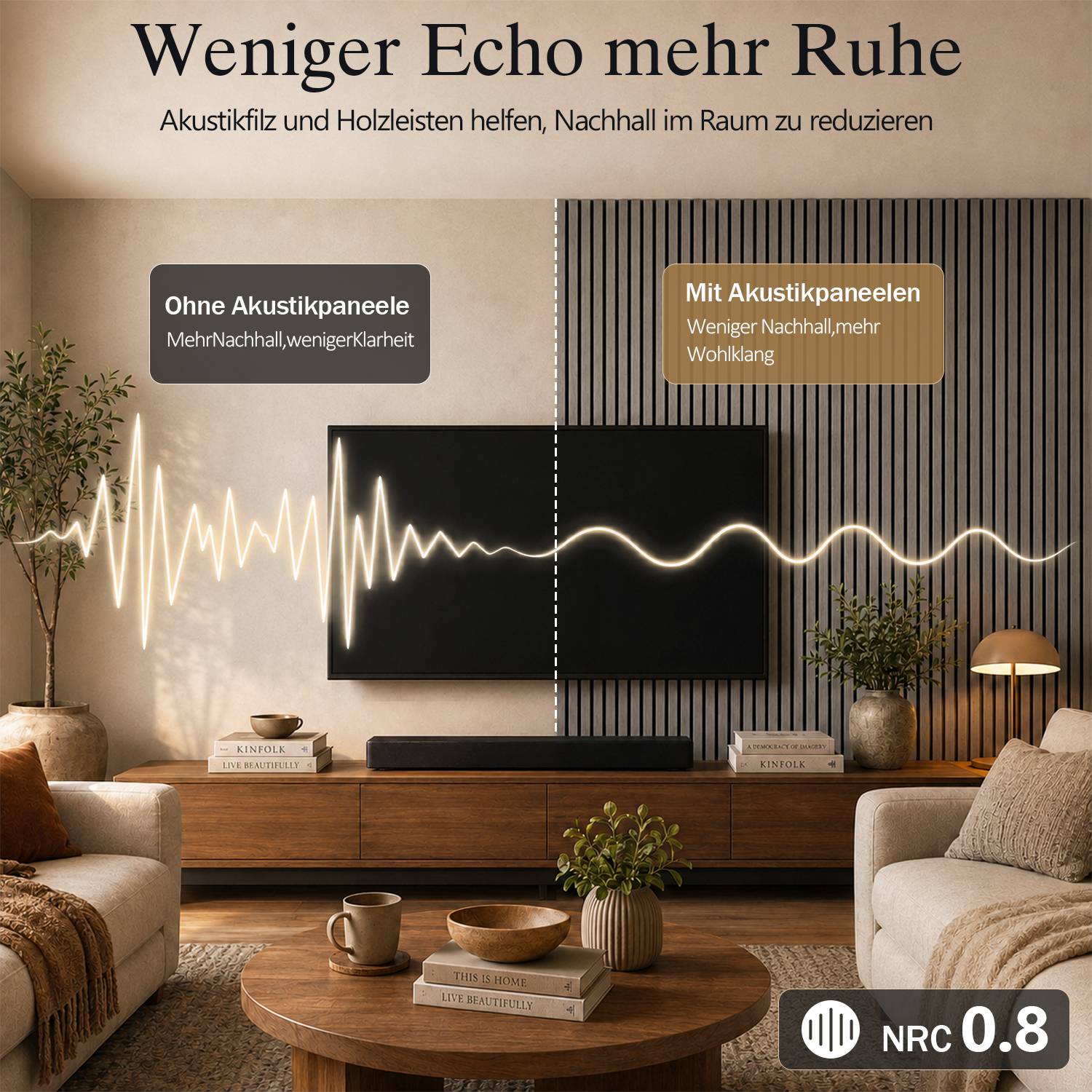 Split-Screen Wohnzimmervergleich, der zeigt, dass Akustikpaneele die Nachhallzeit reduzieren; Text sagt „Weniger Echo mehr Ruhe" und „Ohne Akustikpaneele"" vs „Mit Akustikpaneelen"".