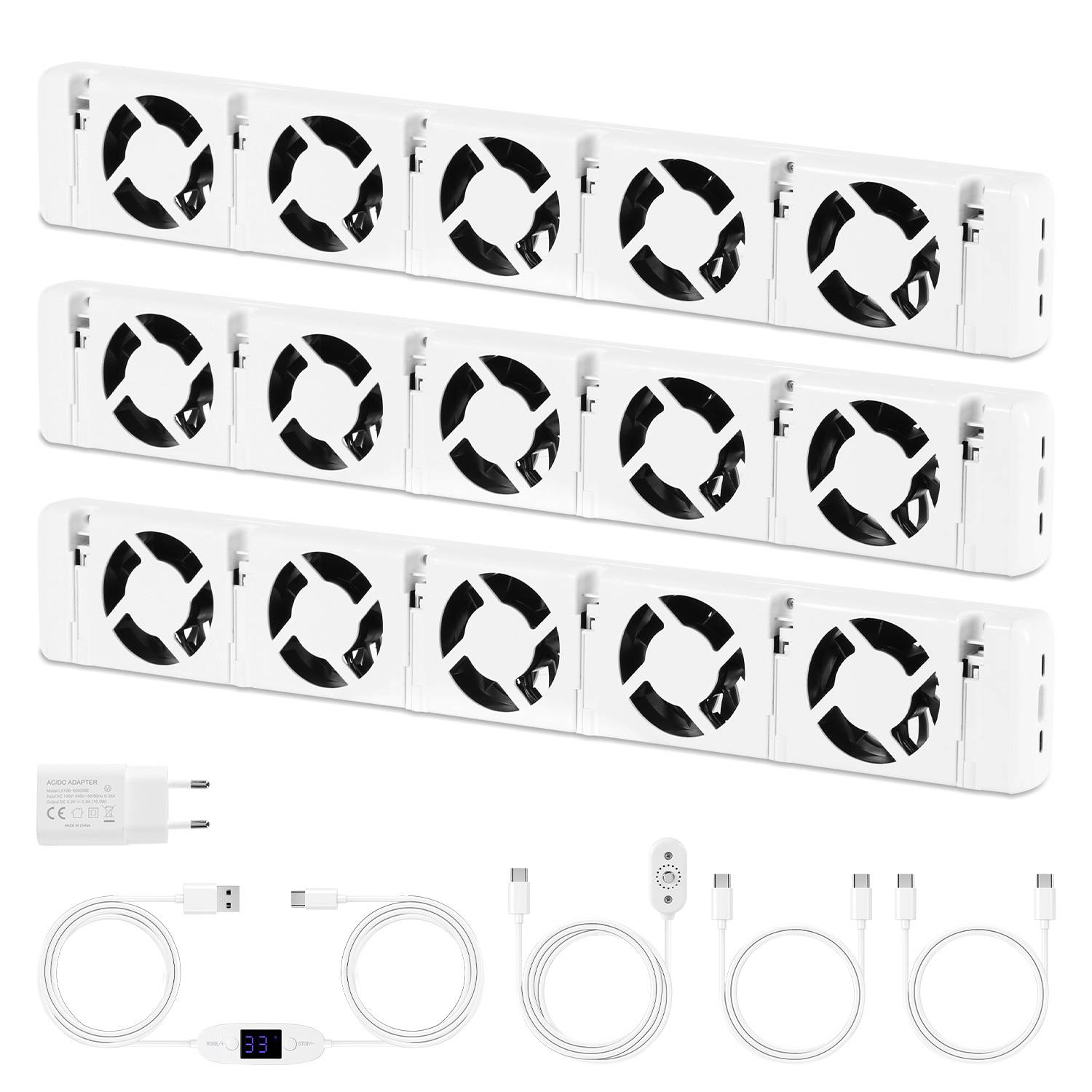 Drei Reihen mit je fünf weißen magnetischen Lüftermodulen, dargestellt mit einem USB-Netzteil, einer Steuereinheit und Verbindungskabeln für ein modulares Kühlsystem.