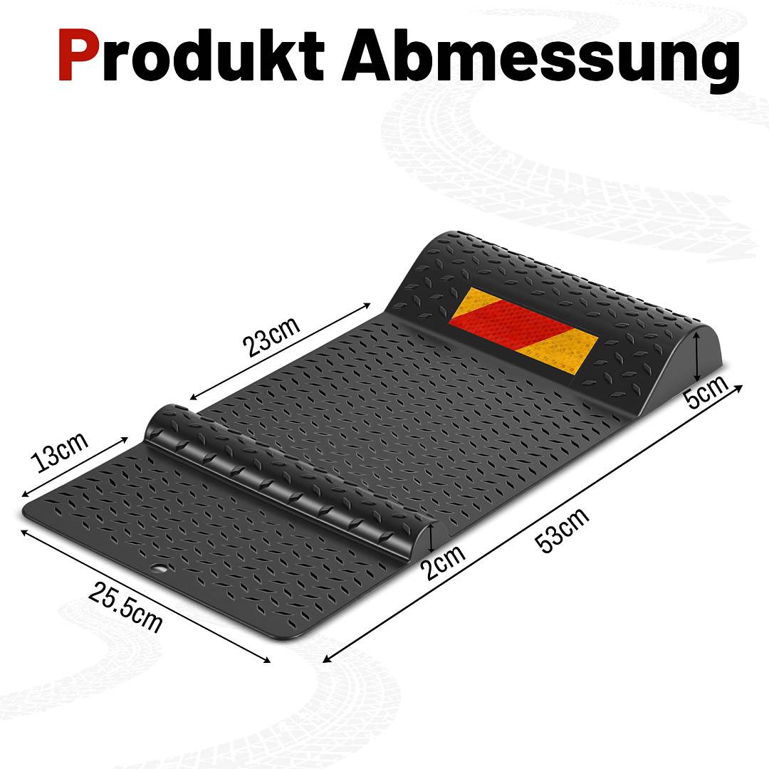 Annotiertes Produktmaßdiagramm einer schwarzen Fahrzeugrampe/Kissen: 53 cm lang, 25,5 cm breit, 5 cm hoch, mit gekennzeichneten Abschnitten von 13 cm, 23 cm und 2 cm.