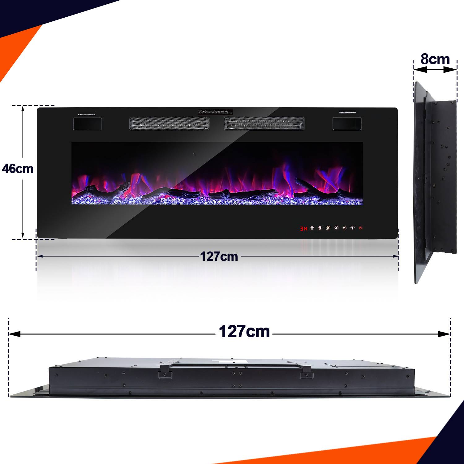 Wandmontierter elektrischer Kamin in Front- und Seitenansicht dargestellt, mit beschrifteten Abmessungen von 127 cm Breite, 46 cm Höhe und 8 cm Tiefe.