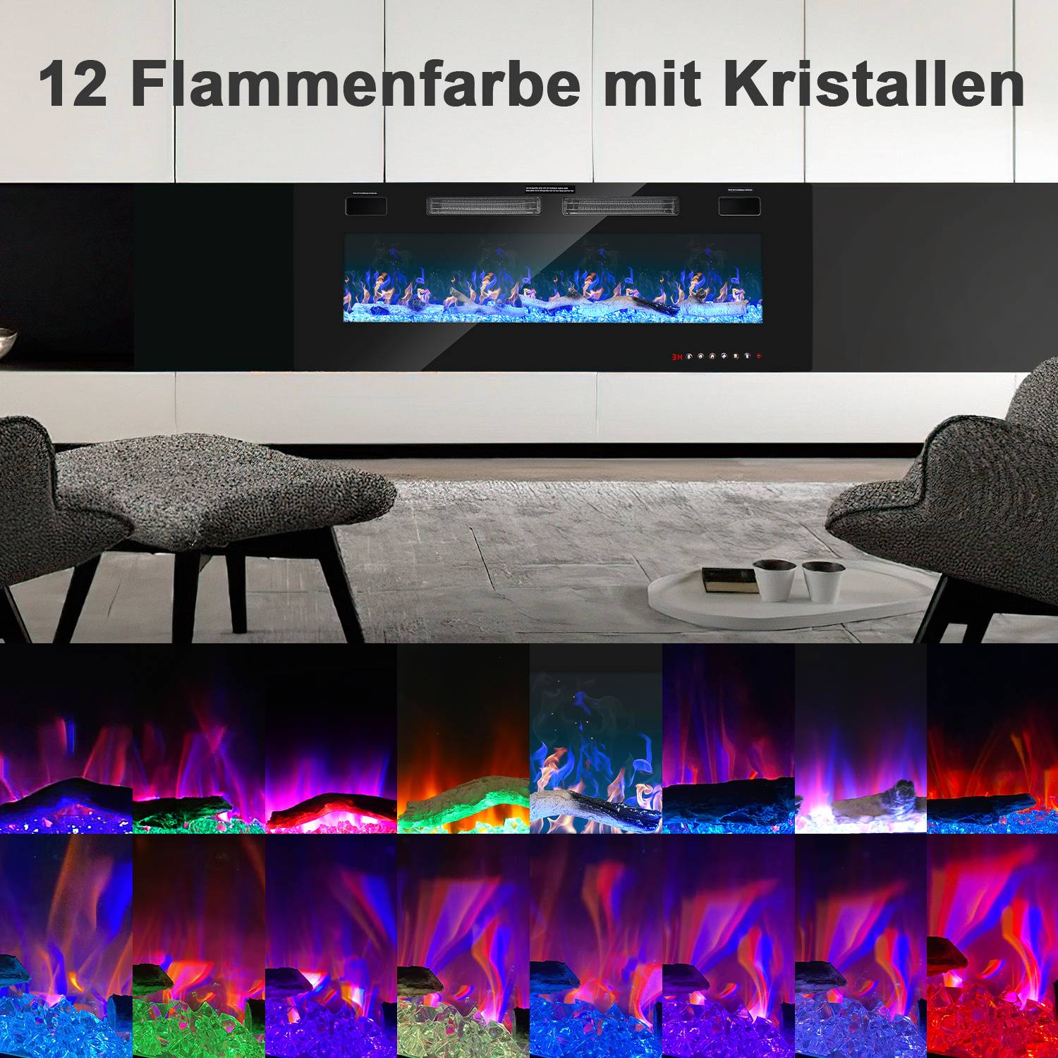 Werbung für einen modernen Wandkamin mit dem Text „12 Flammenfarben mit Kristallen" und farbenfrohen Flammenvariationen, die unten gezeigt werden.