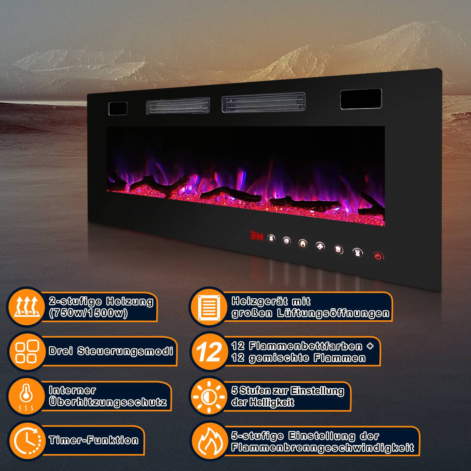 Schwarzer elektrischer Kamineinsatz mit violetten Flammen und sechs Funktionssymbolen darunter, einschließlich 750/1500W Heizung, Belüftungsöffnungen, Fernbedienung, Überhitzungsschutz, Timer und einstellbare Flammeneffekte.