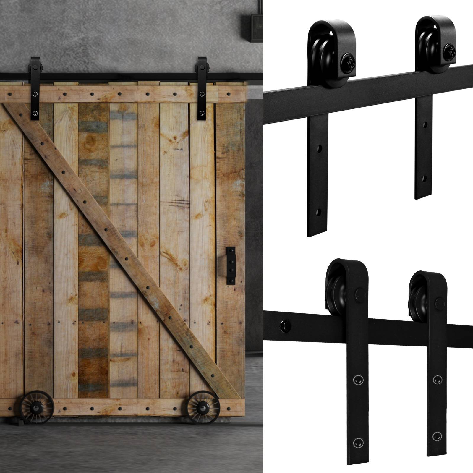 Scheunen-Schiebetür aus Holz mit schwarzem Metallbeschlag, mit Nahaufnahmen der oberen und unteren Schienenlaufrollen und Halterungen.
