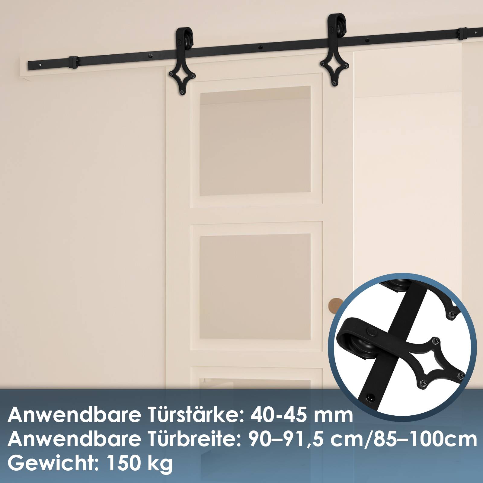 Schiebetür-Laufschiene mit Hardware an der Wand über einer weißen Tür montiert, mit Detailansicht des schwarzen Metall-Laufrollenträgers und deutschen Spezifikationen: Türstärke 40-45 mm, Breite 90-91,5 cm/85-100 cm, Tragfähigkeit 150 kg.