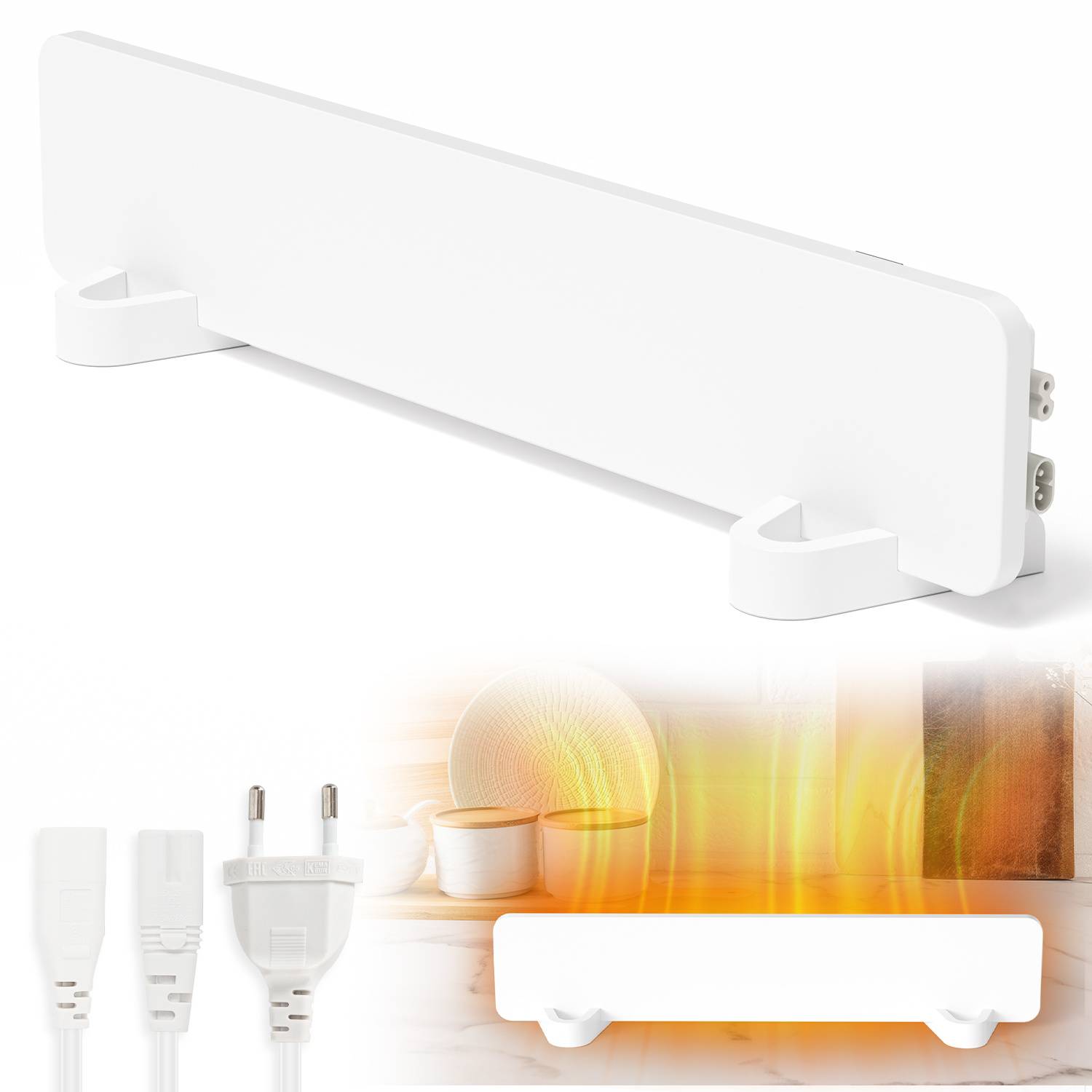 Weißer elektrischer Raumheizer mit Thermostattregelung, gezeigt in einem studiohaften Produktbild mit warmem Glühen und Steckerzubehör darunter.
