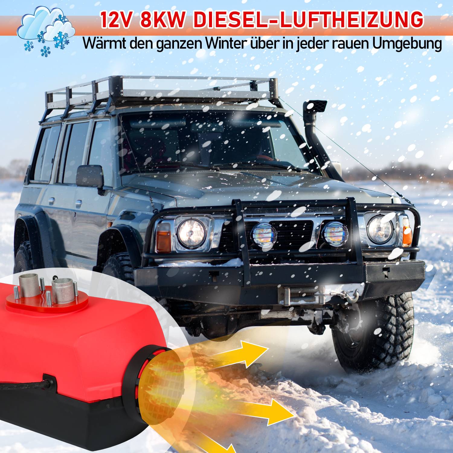 Gelände-SUV im Schnee mit einem 12V 8KW Dieselheizer unten links dargestellt, mit deutschem Text, der Winterwärme bewirbt.