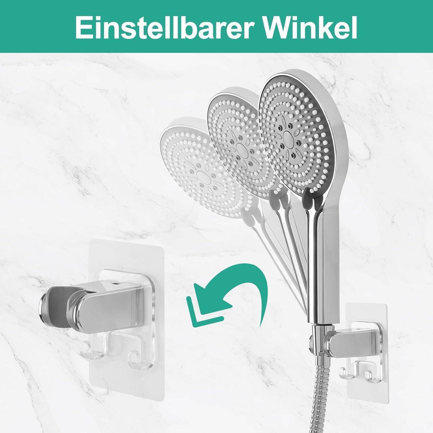 Produktgrafik zeigt einen wandmontierten Duschkopf mit verstellbarem Winkel; deutscher Text lautet „Einstellbarer Winkel