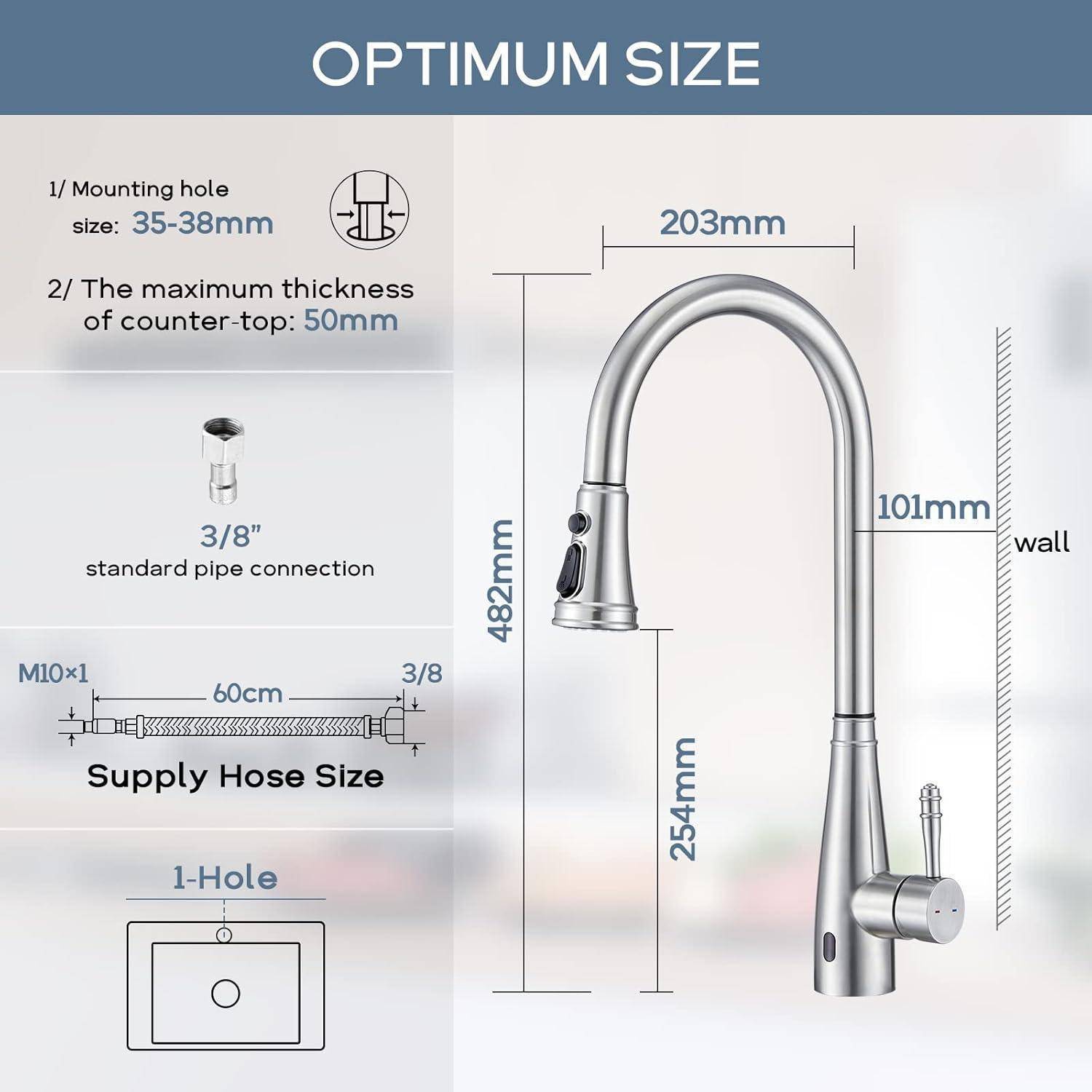 Armaturendiagramm für Küchenarmatur mit optimalen Abmessungen: 203mm Auslaufbreite, 482mm Höhe, 101mm Wandabstand, 254mm Auslaufhöhe, 35-38mm Befestigungsloch, 50mm Arbeitsplattenstärke, 3/8-Anschluss und 60cm Versorgungsschlauch.