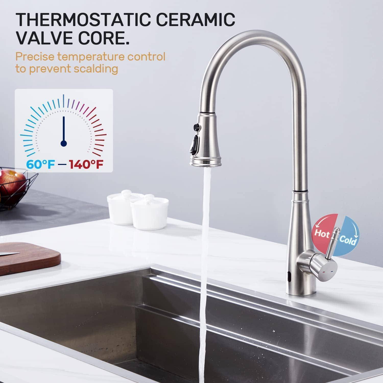 Küchenarmatur mit Thermostatregelung und Temperaturanzeige von 60°F bis 140°F, die präzise Temperaturkontrolle zur Vermeidung von Verbrühungen hervorhebt.