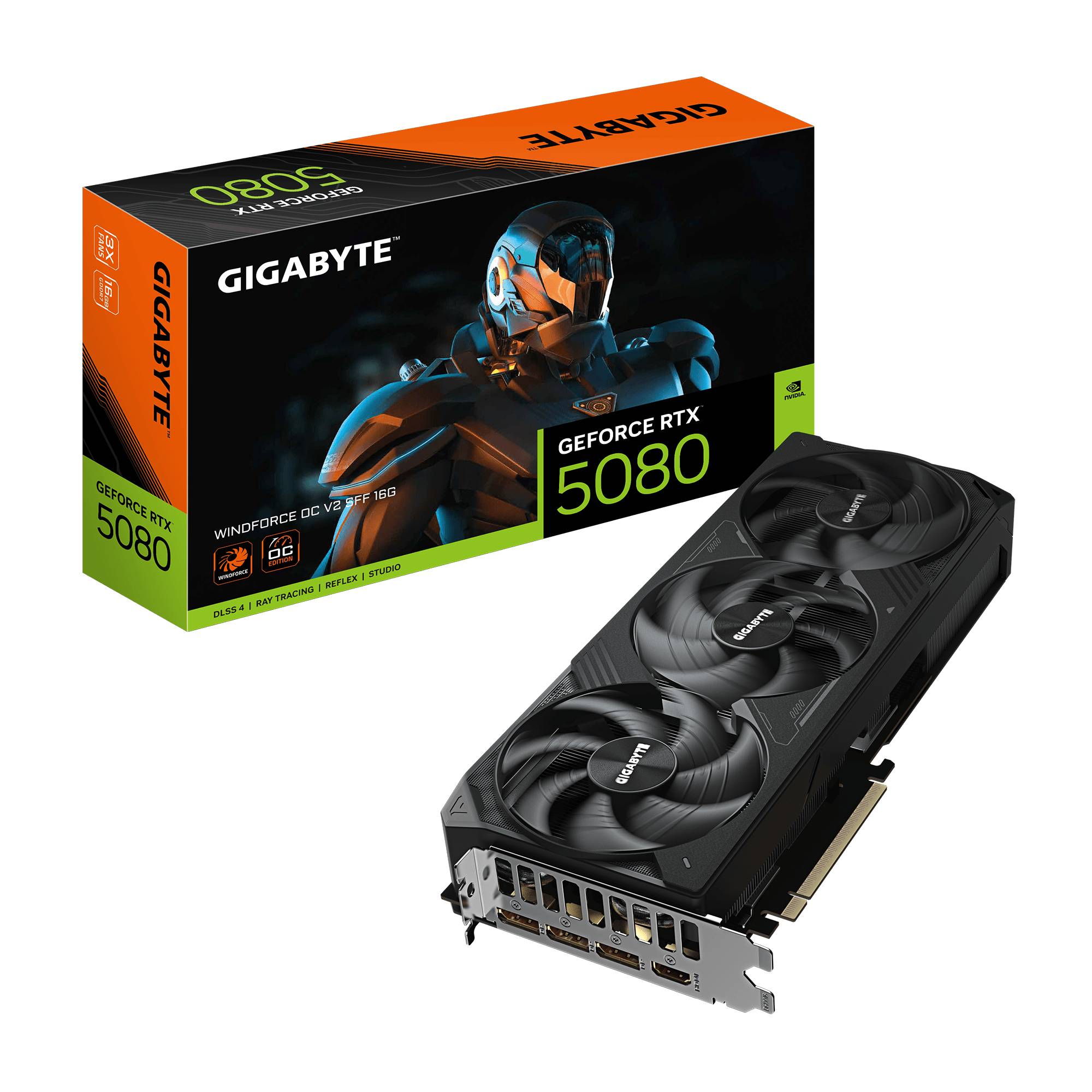 GIGABYTE GeForce RTX 5080 Grafikkarte mit ihrer Einzelhandelsverpackung und der Triple-Fan-GPU selbst gezeigt.