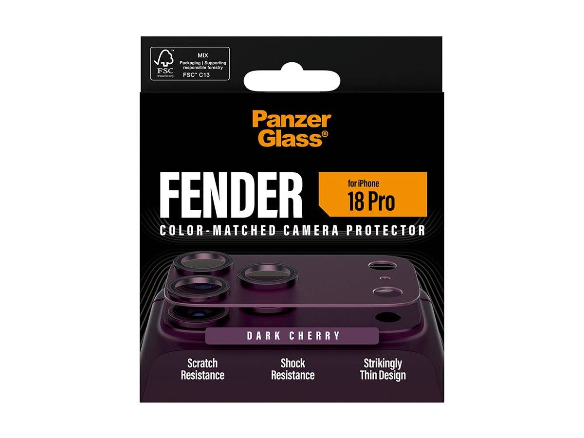 PanzerGlass Fender Color-Matched Camera Protector Verpackung für iPhone 18 Pro in Dark Cherry, mit Hervorhebung von Kratzerbeständigkeit, Stoßbeständigkeit und dünnem Design.