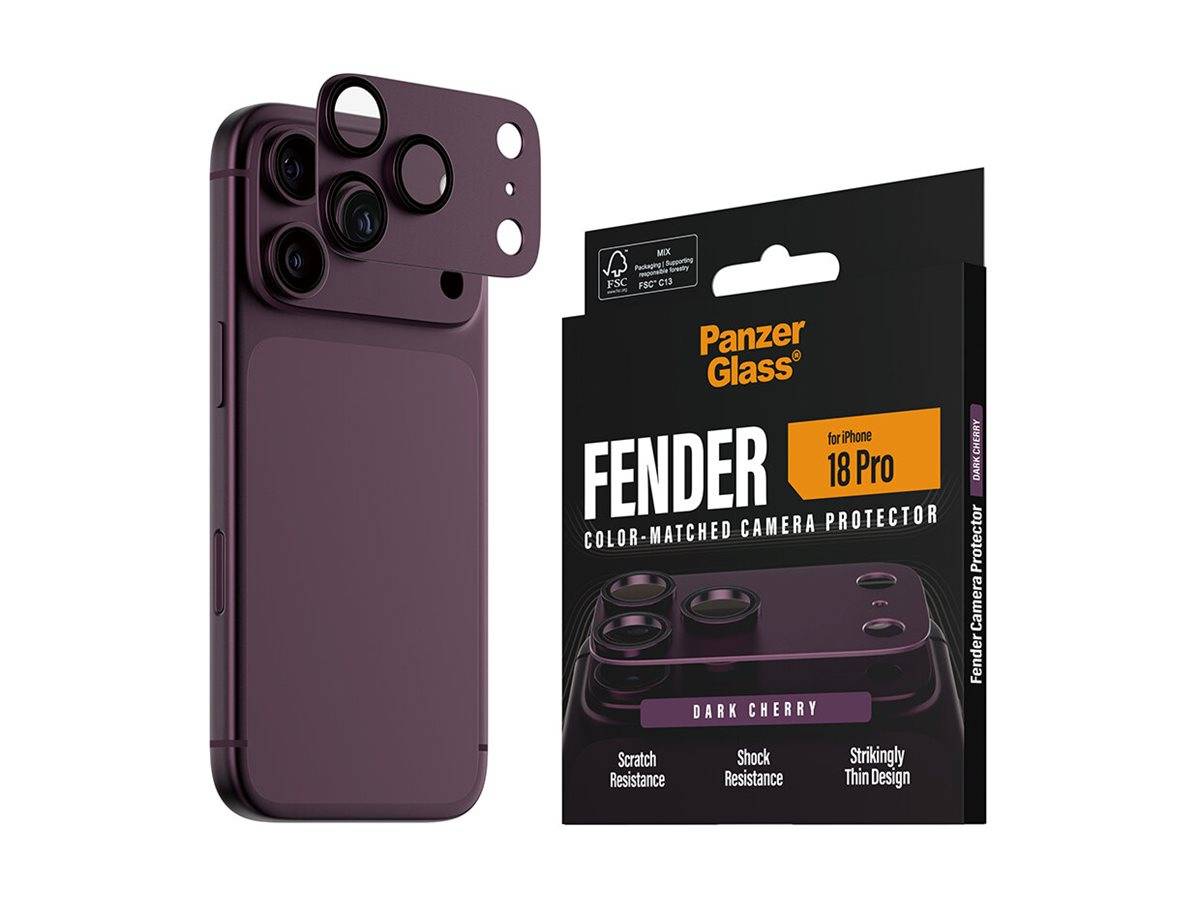 iPhone Pro in Violett mit farblich abgestimmtem Kameraschutz neben PanzerGlass „FENDER
