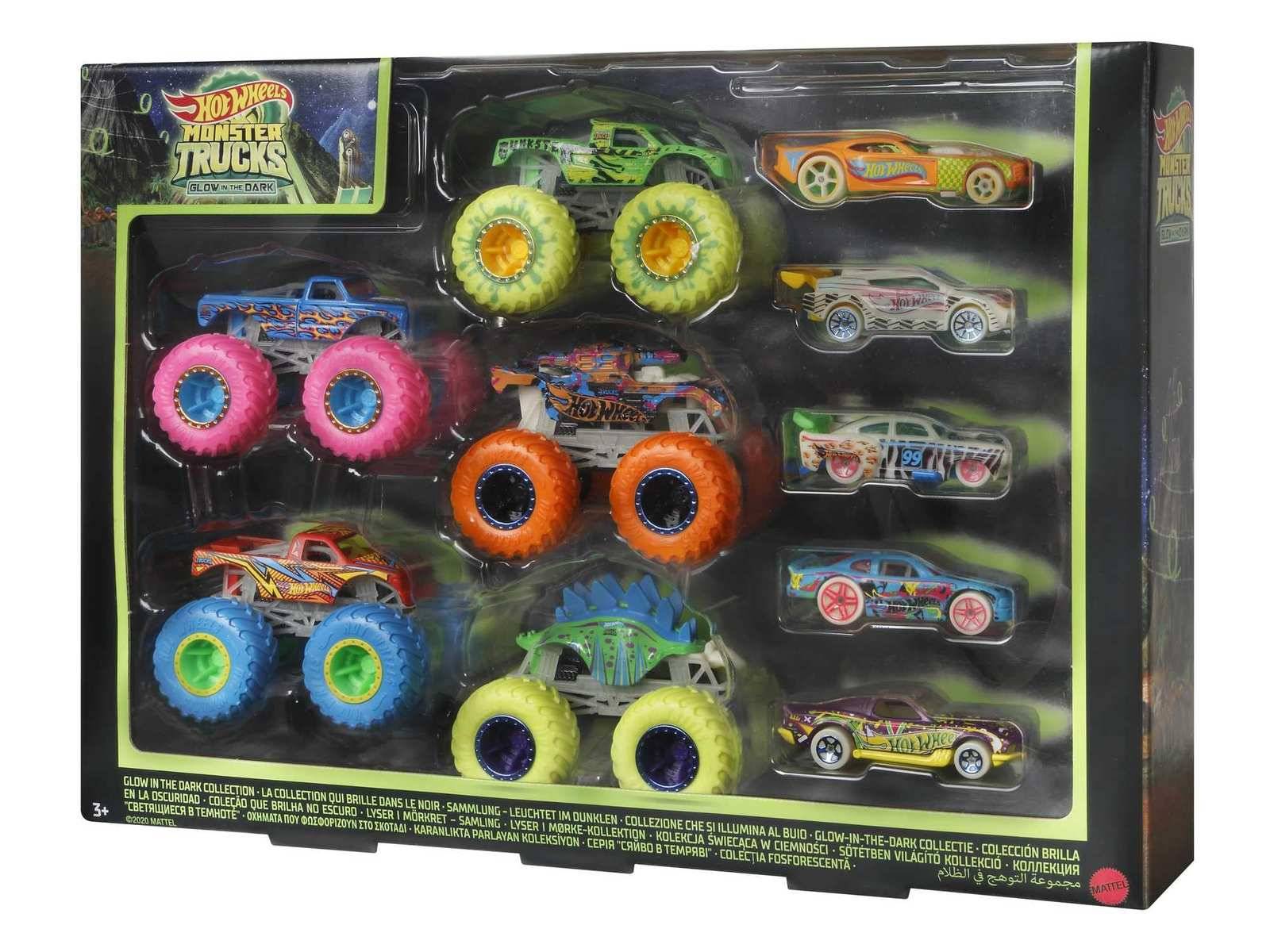Hot Wheels Monster Trucks leuchtend im Dunkeln 10 Fahrzeuge 1:64 HCB57 3+