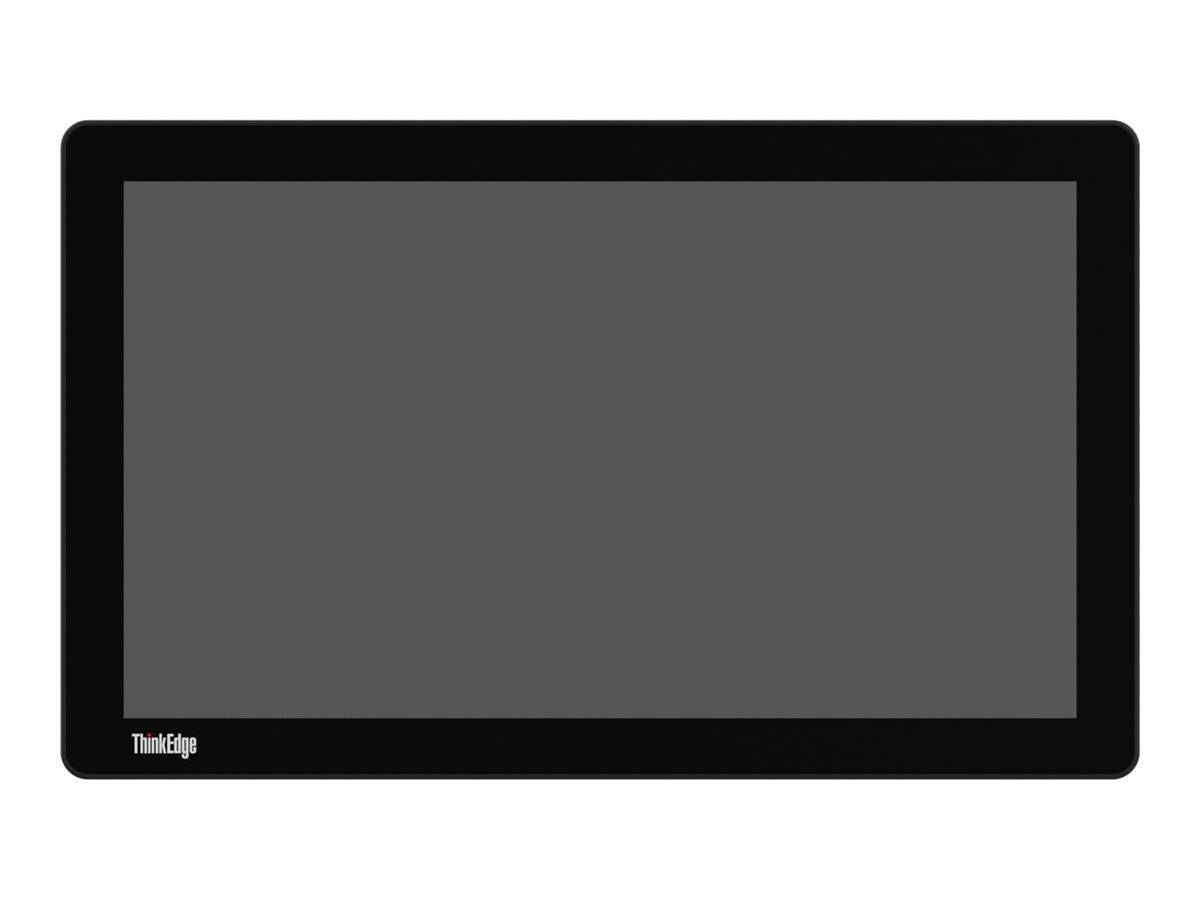 Schwarzes ThinkEdge-Tablet oder Touchscreen-Gerät mit leerem grauem Bildschirm auf weißem Hintergrund.