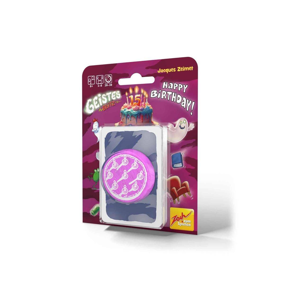 Ein verpacktes Jacques Zeimet 'Geistes Blitz' Geburtstagseditionen-Spiel, mit einem lila Token auf der Vorderseite und 'Alles Gute zum Geburtstag!' mit einer Illustration einer 15. Geburtstagstorte.