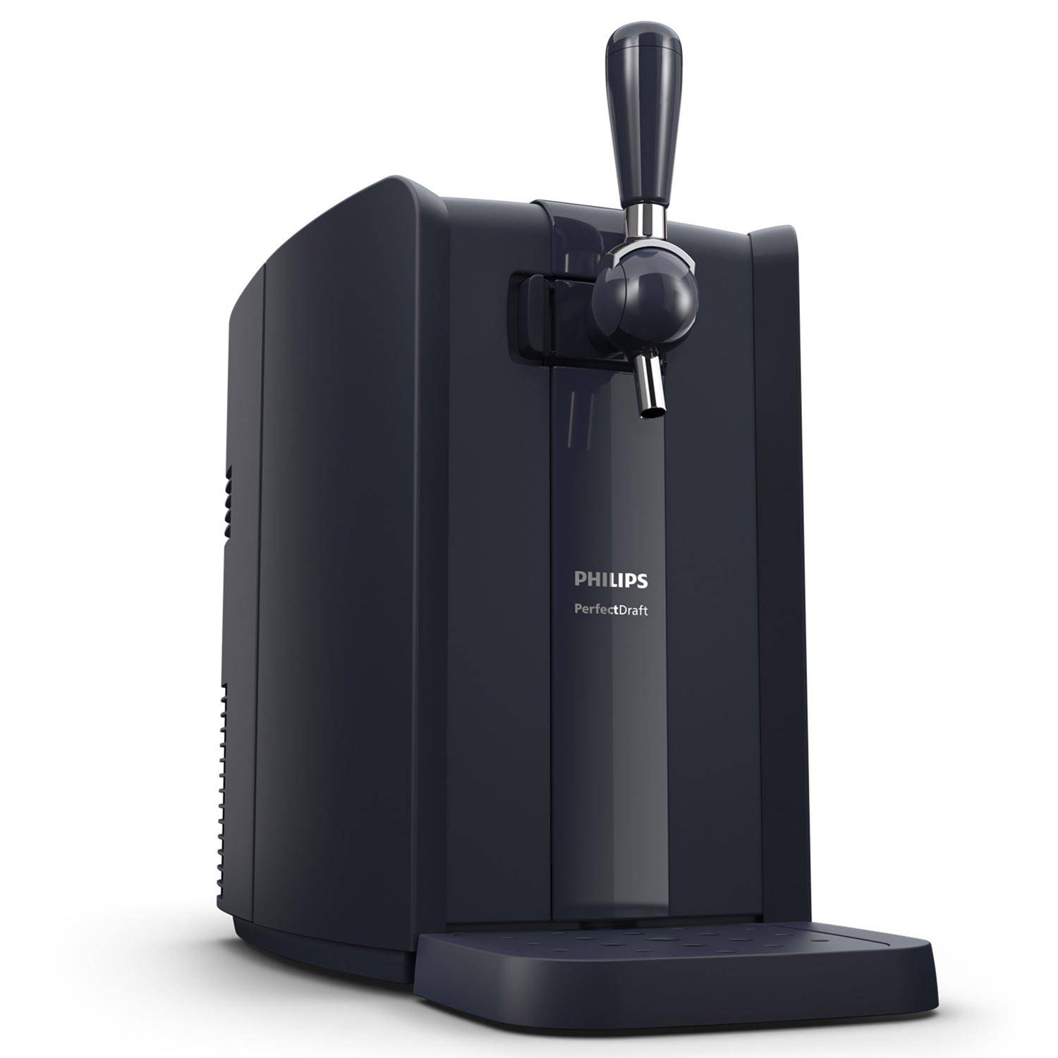 Schwarzer Philips PerfectDraft Bierausschank mit Zapfhahn und Abtropfblech auf weißem Hintergrund.