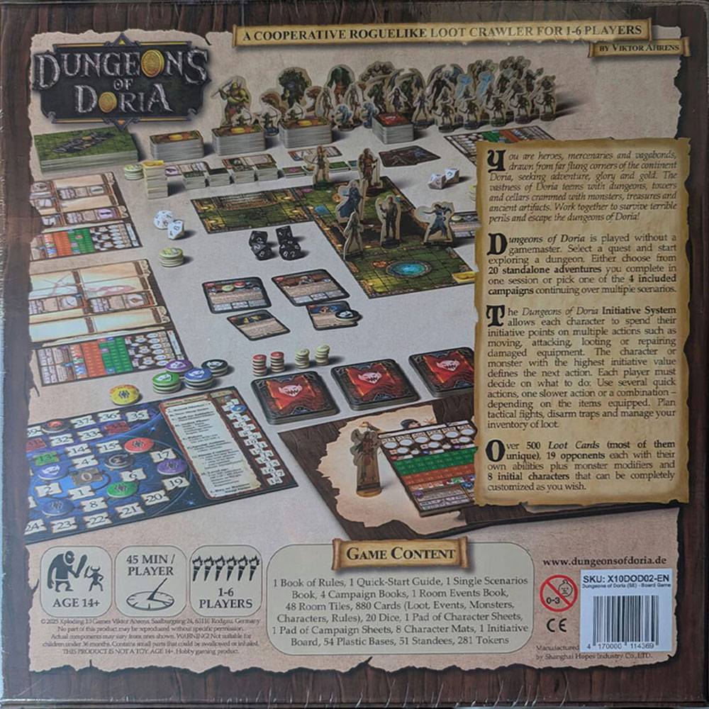 Brettspielschachteln-Deckel für „Dungeons of Doria", das einen Tabletop-Dungeon-Crawler mit Miniaturen, Karten, Würfeln und Spielkomponenten zeigt; Text vermerkt 1–6 Spieler und Alter 14+.