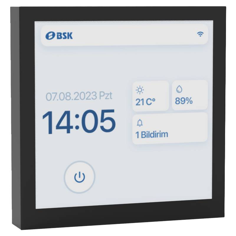 Wandmontiertes BSKK-Touchdisplay zeigt Datum 07.08.2023 Pzt, Uhrzeit 14:05, Wetter 21°C, Luftfeuchtigkeit 89% und 1 Benachrichtigung.
