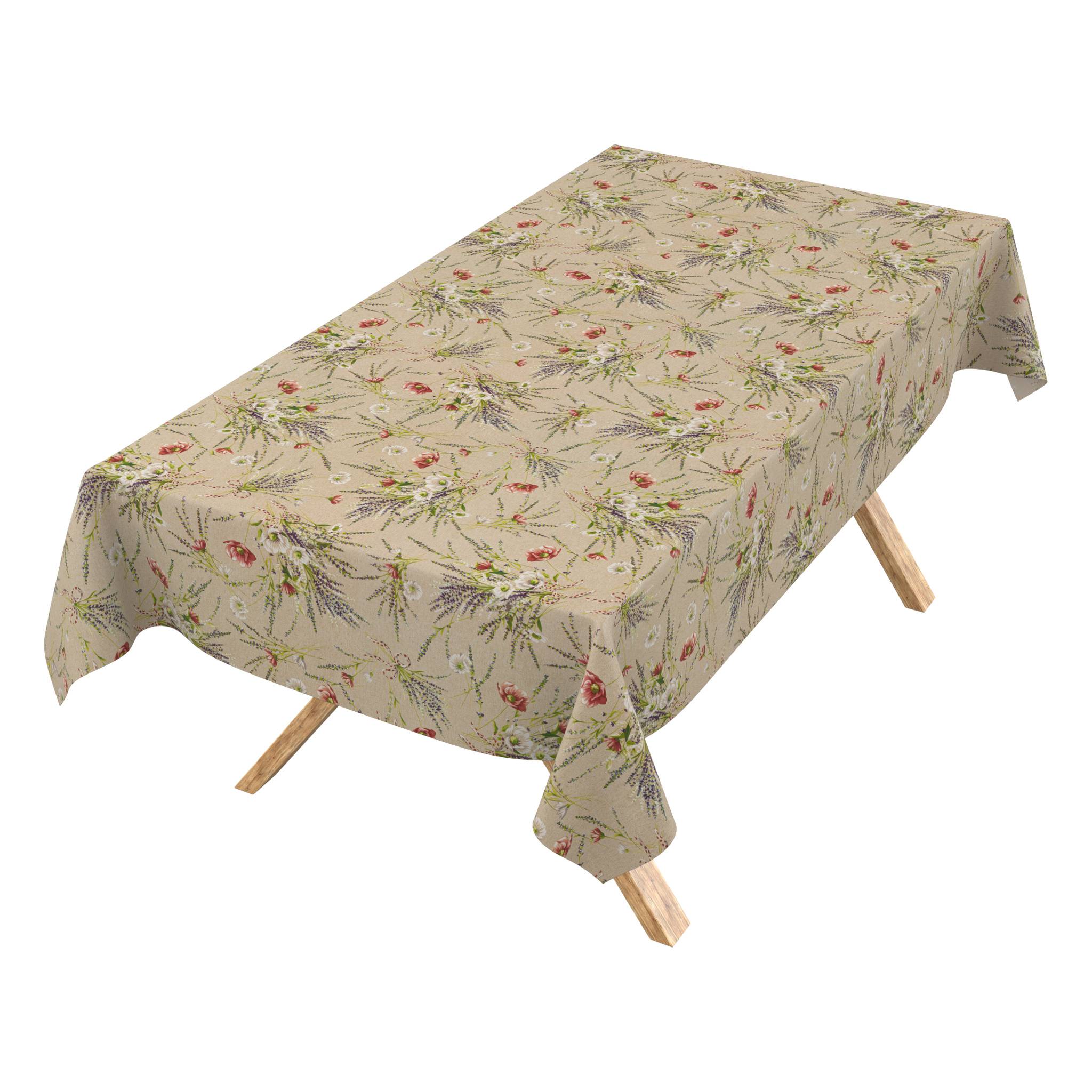 Rechteckiger Tisch mit einer beigen Blumenmusterts=Tischtuch bedeckt, das über die Seiten drapiert ist, auf weißem Hintergrund.