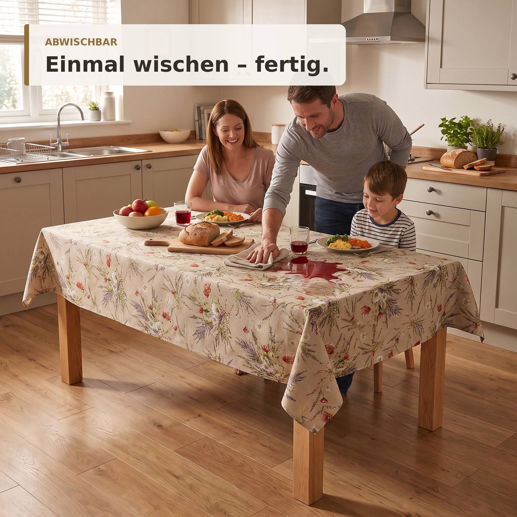 Familie in einer Küche wischt schnell verschütteten roten Wein von einer gemusterten Tischdecke; deutscher Text liest sich 