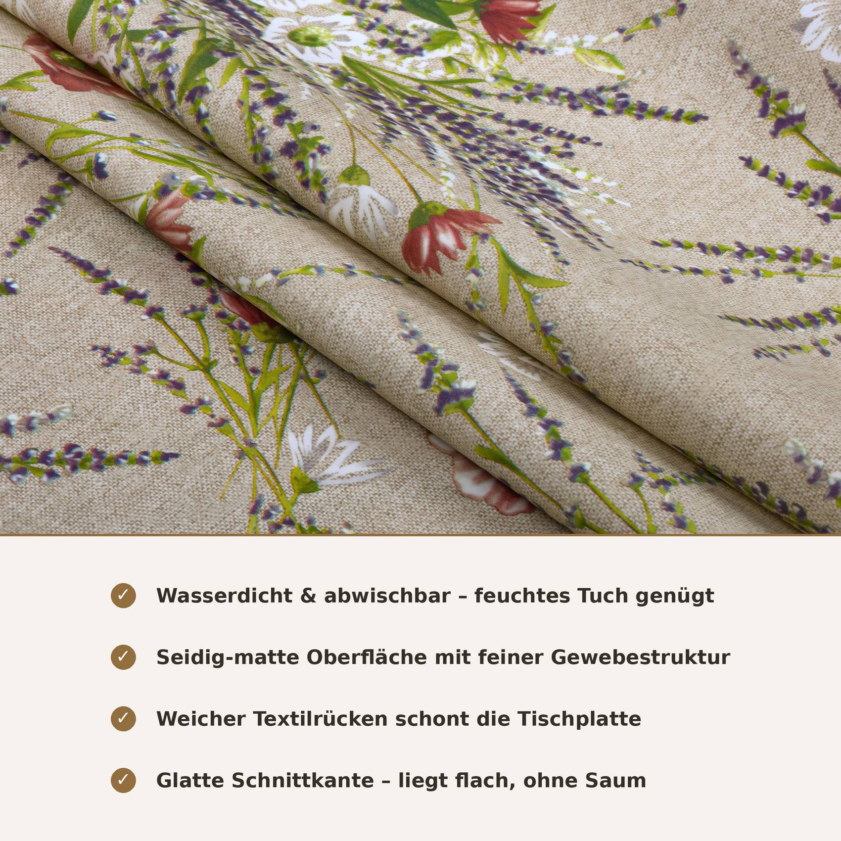 Gemusterter beiger Tischdeckenstoff mit Blumendruck und deutschem Text, der Merkmale auflistet: wasserdicht, abwischbar, matte Oberfläche, weiches Textilrücken und flach geschnittene Kante.