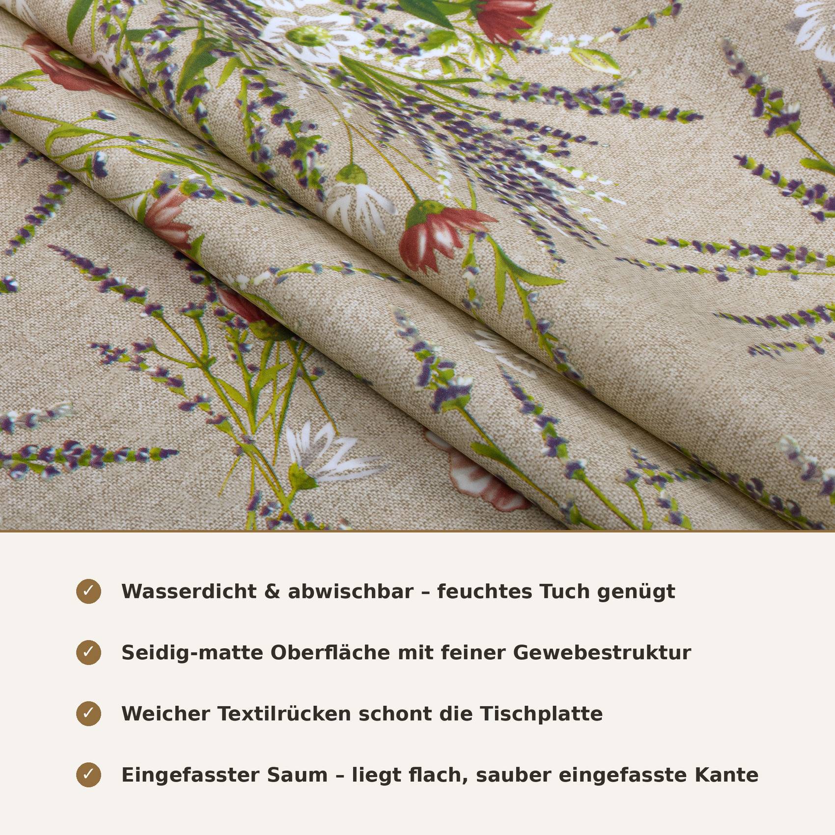 Nahaufnahme eines Tischdeckenstoffes mit Blumenmuster; Deutscher Text hebt hervor, dass er wasserdicht, abwischbar, mit weicher Textur und säuberlich gesäumtem Rand ist.