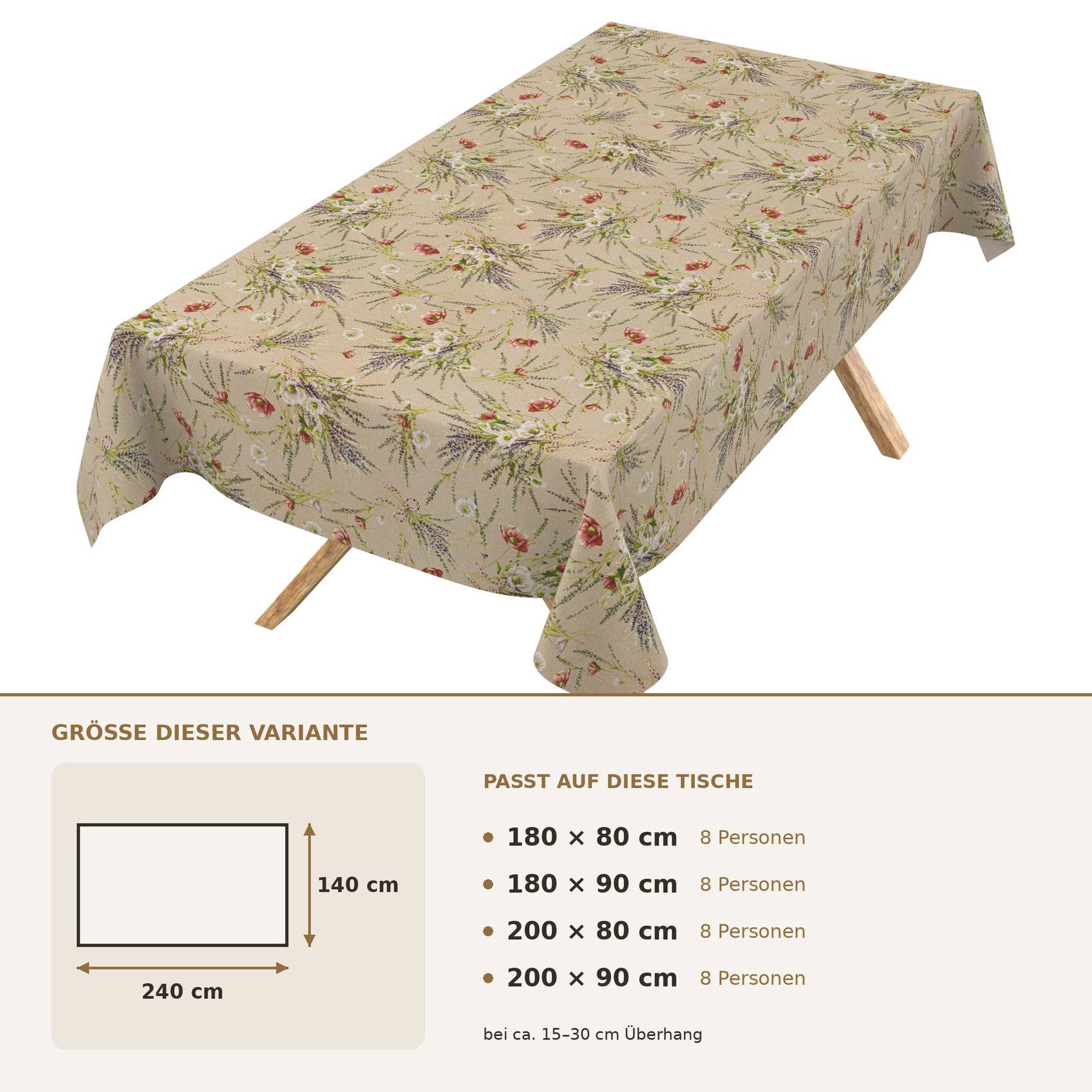 Blumig gemusterte Tischdecke für rechteckige Tische mit Größenangabe 240 cm x 140 cm und passt auf Tische der Größe 180x80, 180x90, 200x80 und 200x90 cm.