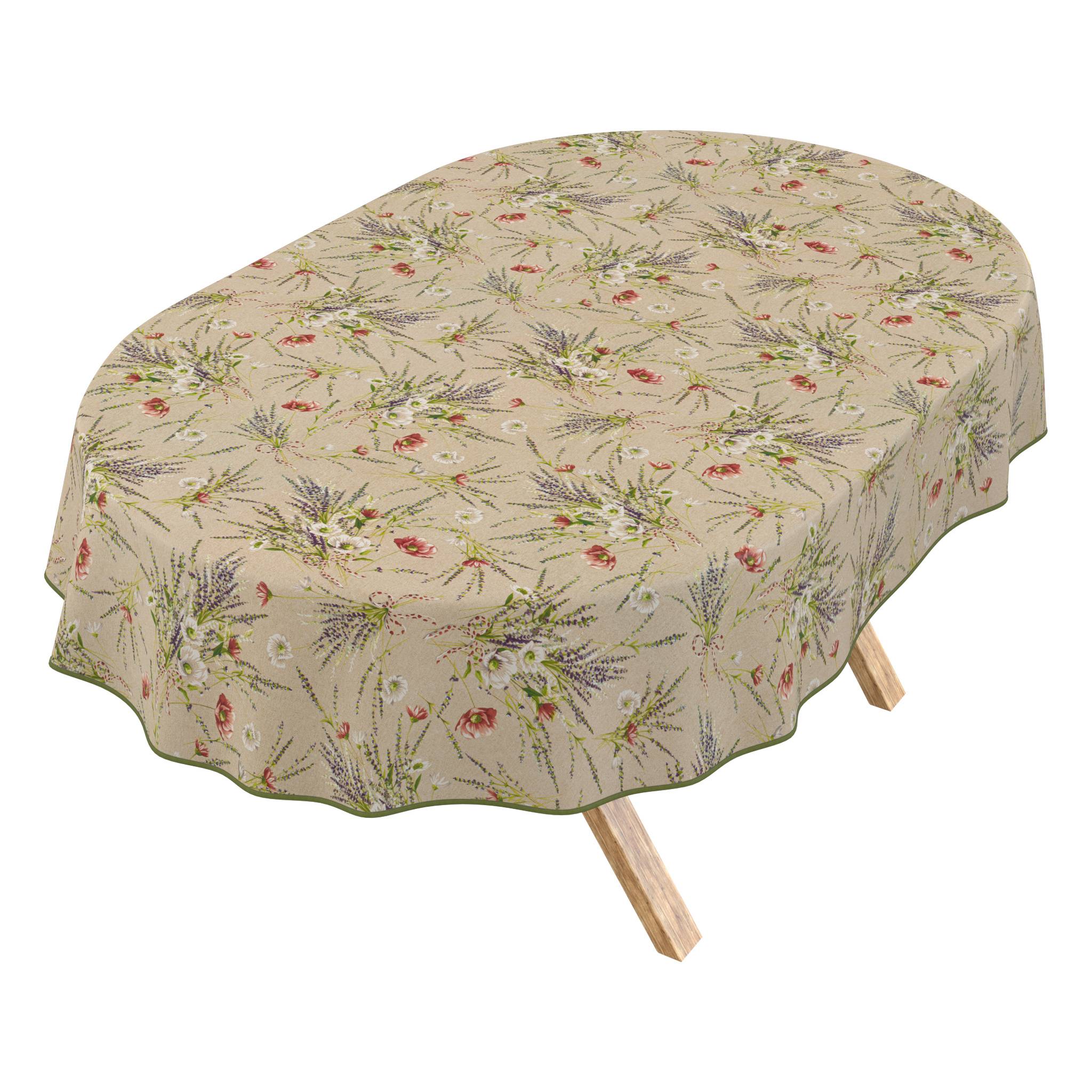 Ovaler Tisch, bedeckt mit einer beigen Blumentischtuch, das über die Kanten drapiert ist, mit sichtbaren Tischbeinen darunter.