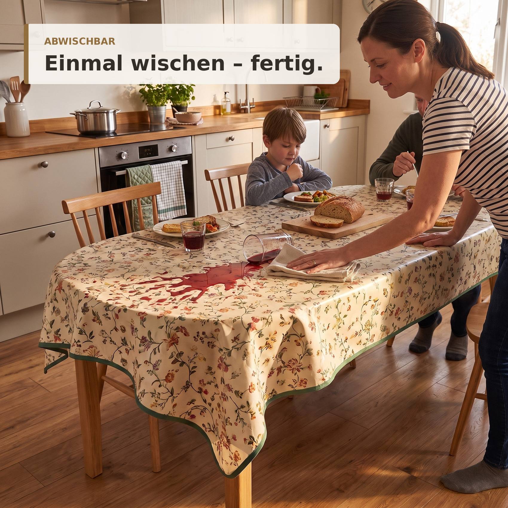 Eine Frau wischt ein verschüttetes Getränk von einem gemusterten Küchentisch ab, während ein Kind in der Nähe isst; der Text lautet „ABWISCHBAR Einmal wischen - fertig."