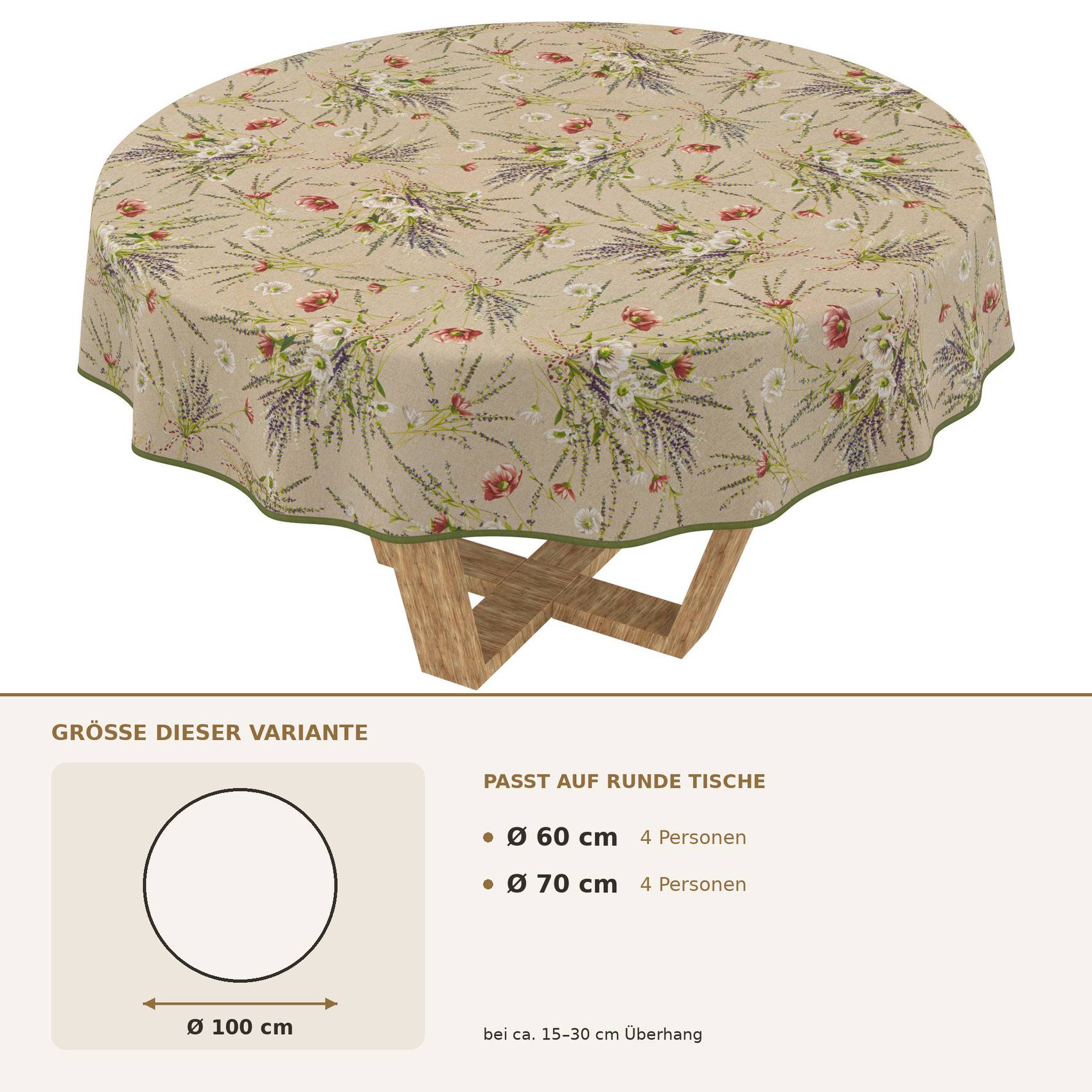 Blumige runde Tischdecke auf einem runden Tisch, mit einer Größenangabe, die zeigt, dass sie auf runde Tische von 60 cm und 70 cm Durchmesser passt und einen Überhang von etwa 15-30 cm bietet.