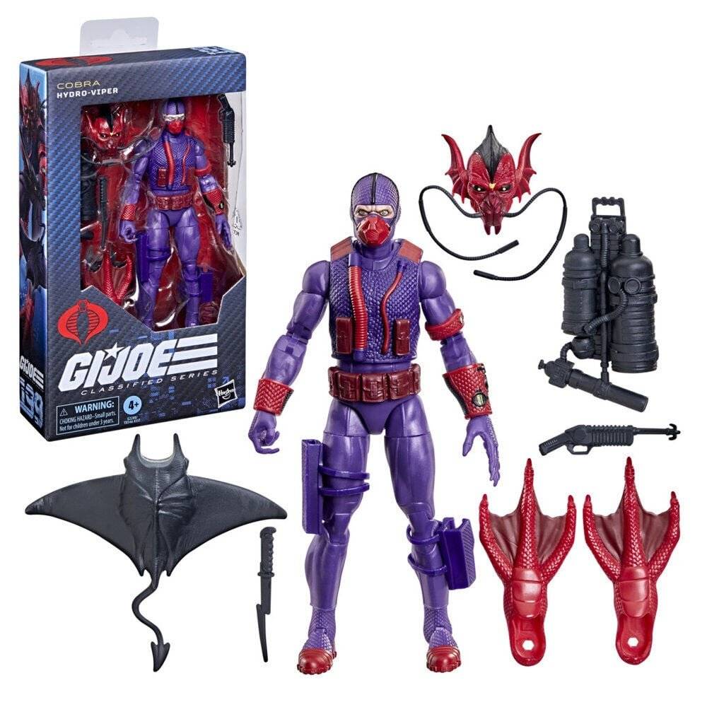 GI Joe Cobra Hydro-Viper Actionfigur in Lila mit Maske, plus alternativer roter Kopf, Waffen, Rucksack und fledermausihnliches Flügel-Zubehör in der Box.