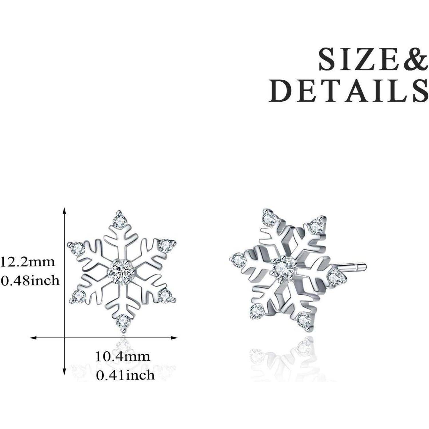 Schneeflockenförmiger Stecker-Ohrring in Front- und Seitenansicht dargestellt, mit beschrifteter Größe und Details: 12,2 mm hoch und 10,4 mm breit.