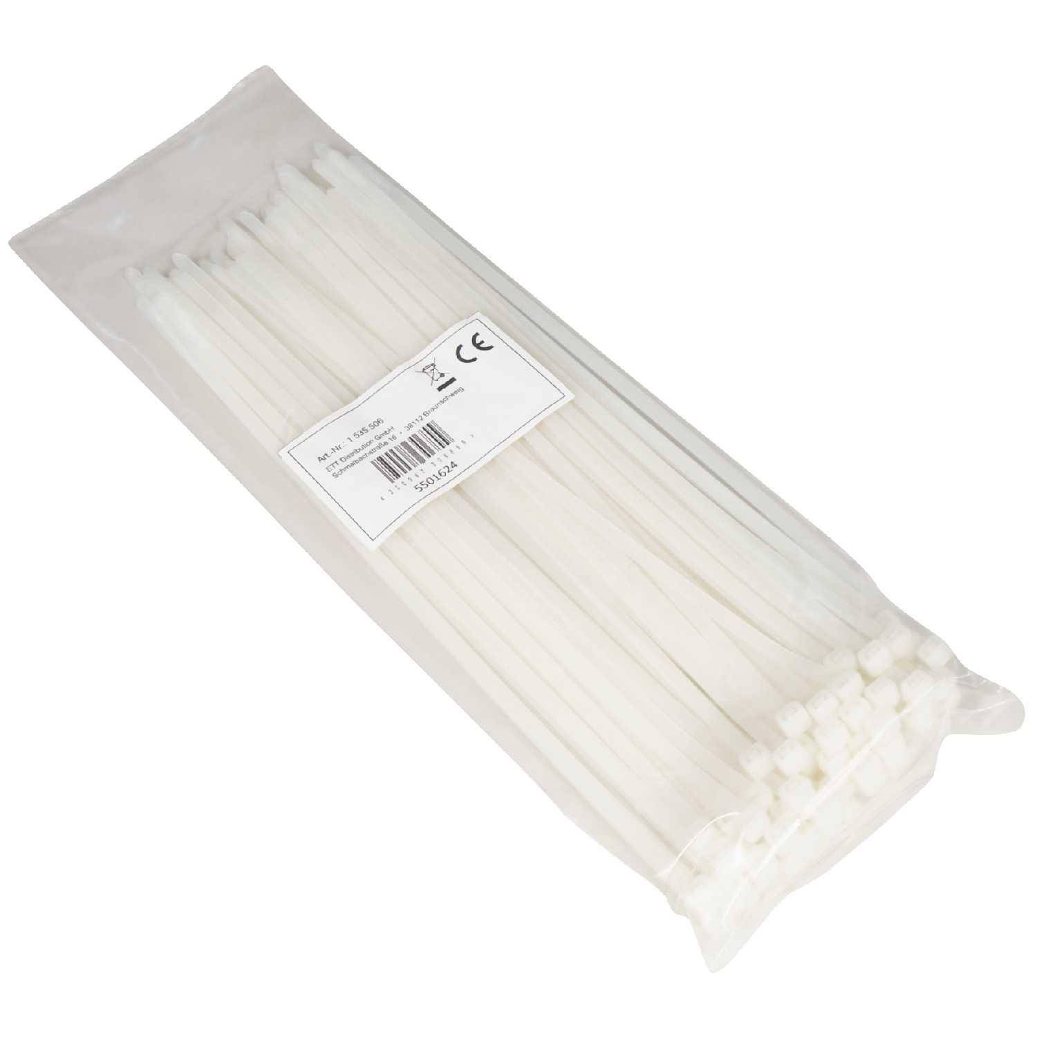Beutel mit weißen Kunststoffkabelbindern mit einem Produktetikett auf einer durchsichtigen Verpackungstasche.
