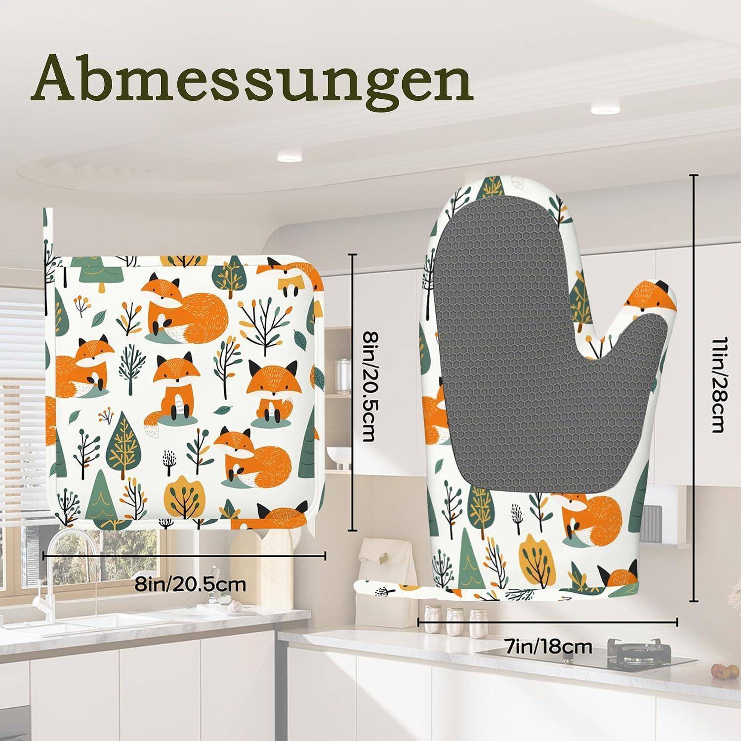 Küchenhandschuh- und Topflappen-Set mit Fuchs- und Baummuster, mit den Abmessungen: 20,5 cm/8 Zoll Quadrat und 28 cm/11 Zoll hoher Handschuh; 18 cm/7 Zoll breit.