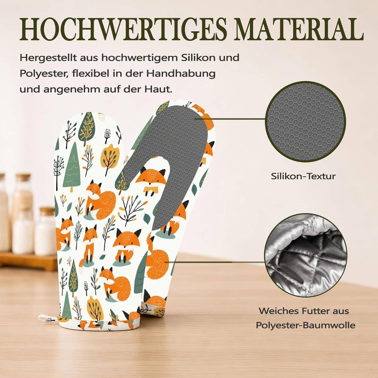 Infografik eines blumenmusterten Ofenhandschuhs mit der Aufschrift „HOCHWERTIGES MATERIAL