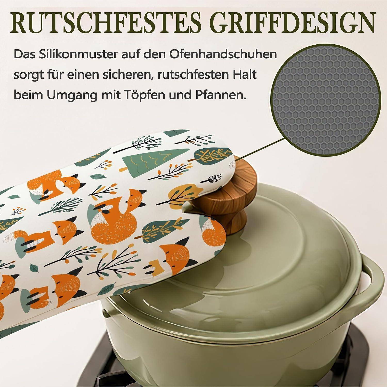 Werbung für Ofenhandschuhe mit Silikongriffmuster, die sicher einen heißen Topf halten; der deutsche Text sagt, dass das rutschfeste Design eine sichere Handhabung von Töpfen und Pfannen bietet.