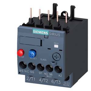 Siemens SIRIUS Motorschutzrelais mit rotem Stopptaste und blauer Rücksetztaste, Klemmenbezeichnungen und oberen Anschlüssen auf einem dunkelgrauen Modul.