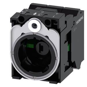 Siemens Industriewählschaltermodul mit schwarzem quadratischem Gehäuse, rundem Frontring und nummerierten Positionen auf der Oberseite.