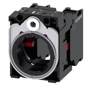 Schwarzer Siemens Industrietastschalter mit kreisförmigem Befestigungsring und rotem internem Betätigungselement, dargestellt in der Produktansicht.