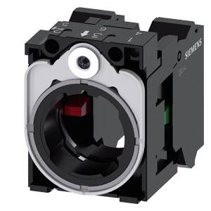Schwarzer Siemens-Industrieschalter oder -Steuertaster mit großem rundem schwarzem Frontbetätiger und weißem Ring, dargestellt in einem Produktfoto.