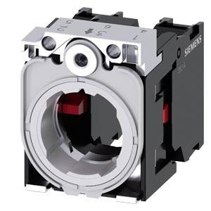 Siemens Industrietasterschaltermodul, schwarz und silber, in einer produkttypischen Nahaufnahme auf weißem Hintergrund dargestellt.